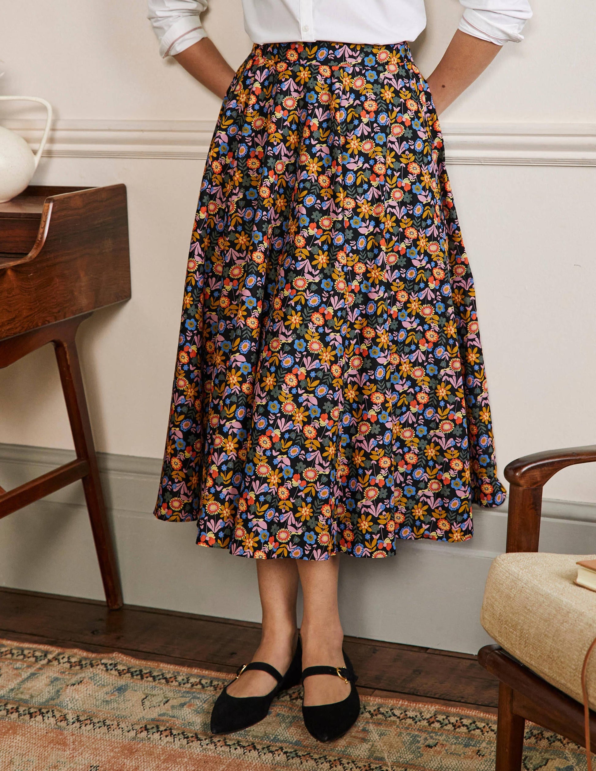Full Cotton Midi Skirt-Black, Flora Bloom-4
