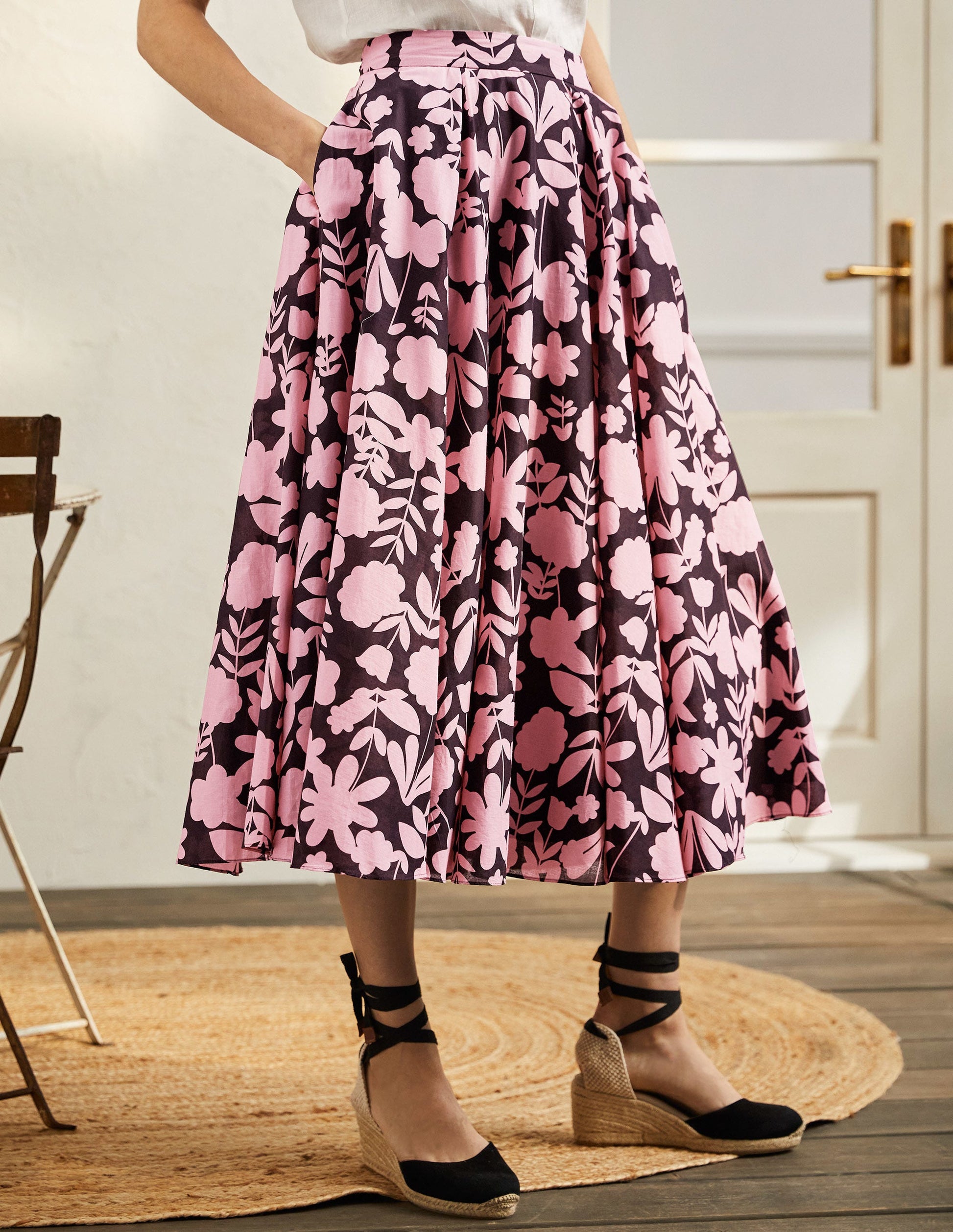 Full Cotton Midi Skirt-Formica Pink, Flora Bloom-4
