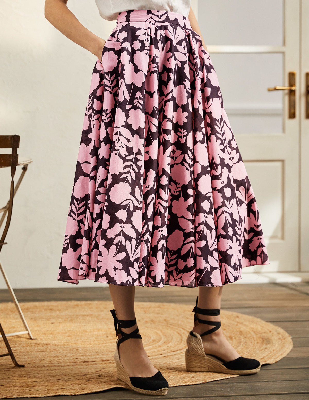 Full Cotton Midi Skirt-Formica Pink, Flora Bloom - Image 4