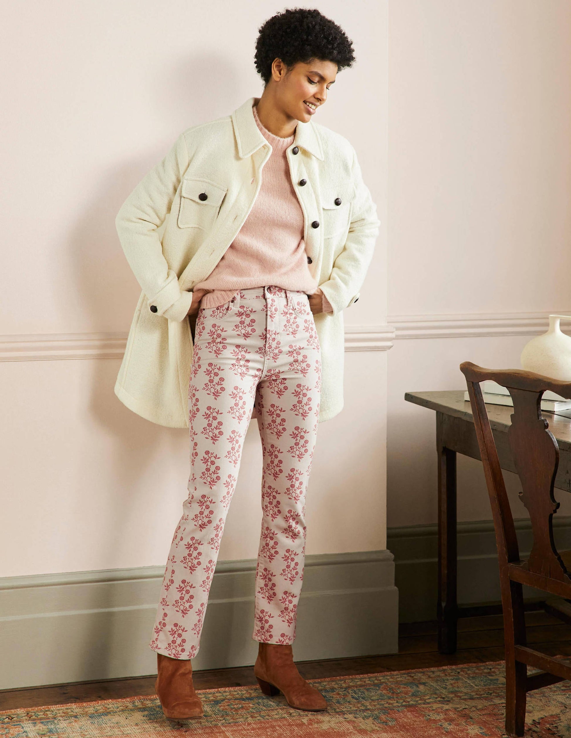 Cropped Flare Jeans-Ivory, Dusty Red Leafy Cluster-5