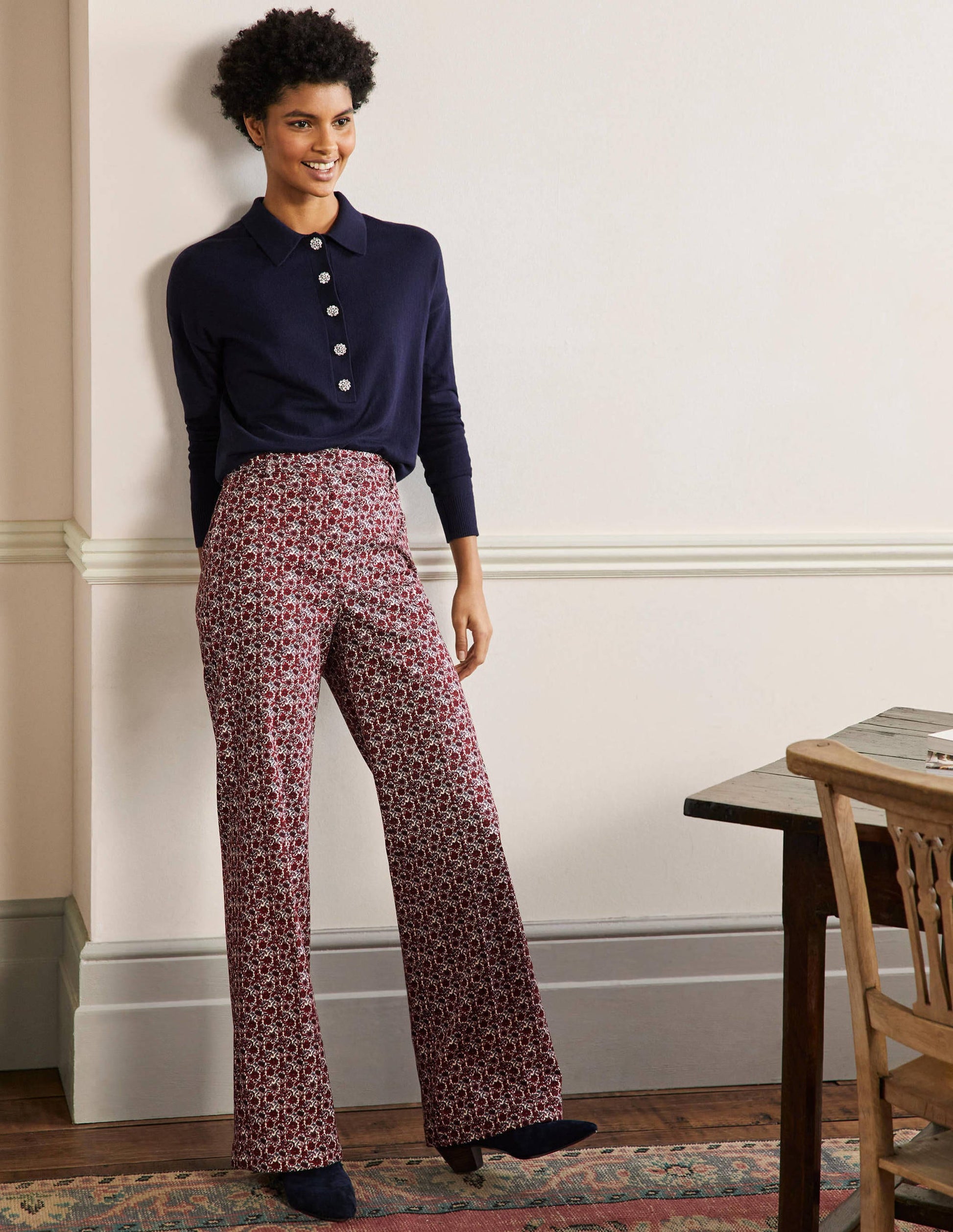 Printed Wideleg Pants-Red/Dusty Blue Floret Bloom-1