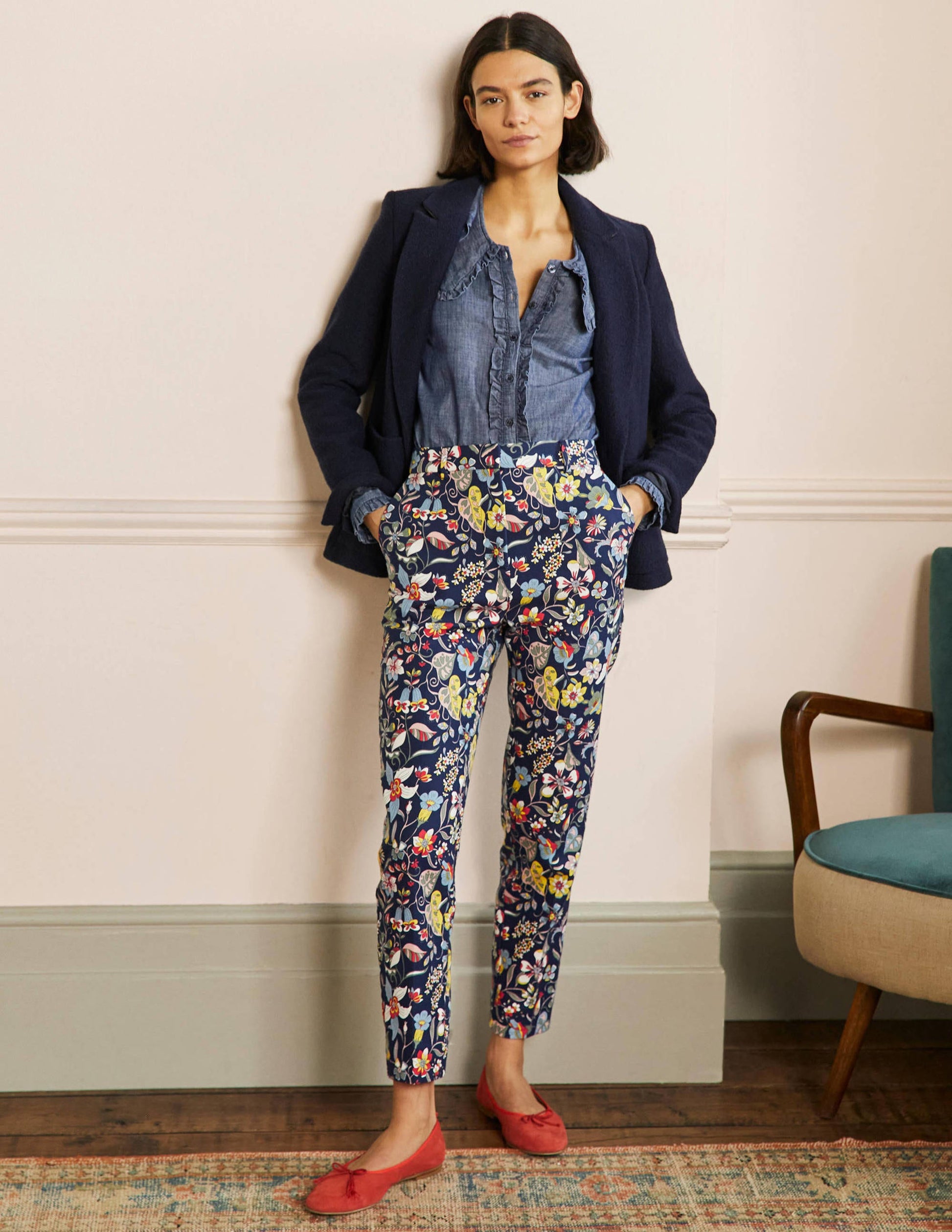 Carrie Printed Pants-French Navy, Tropic Florals-1