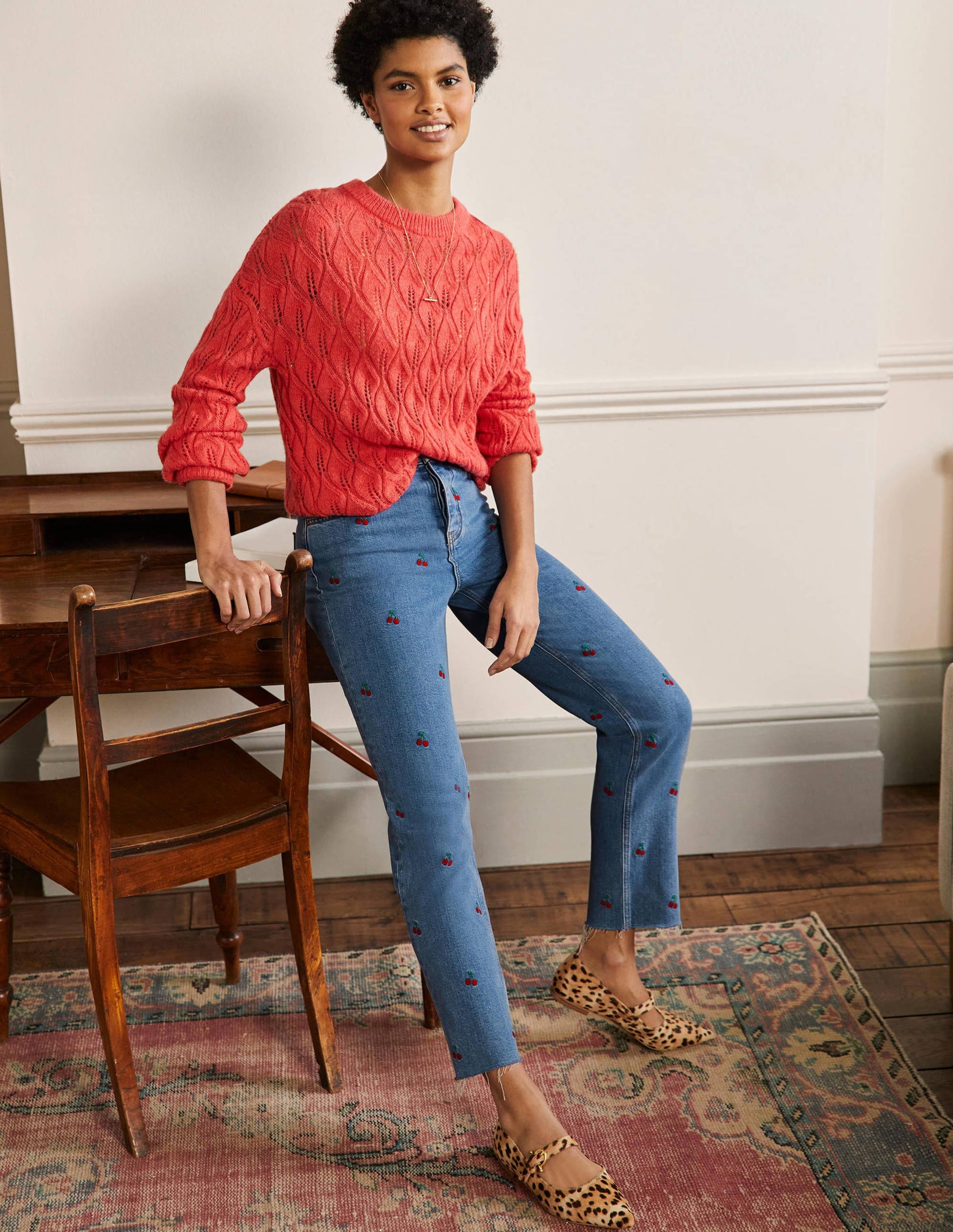 Relaxed Straight Jeans-Cherry Embroidered-1