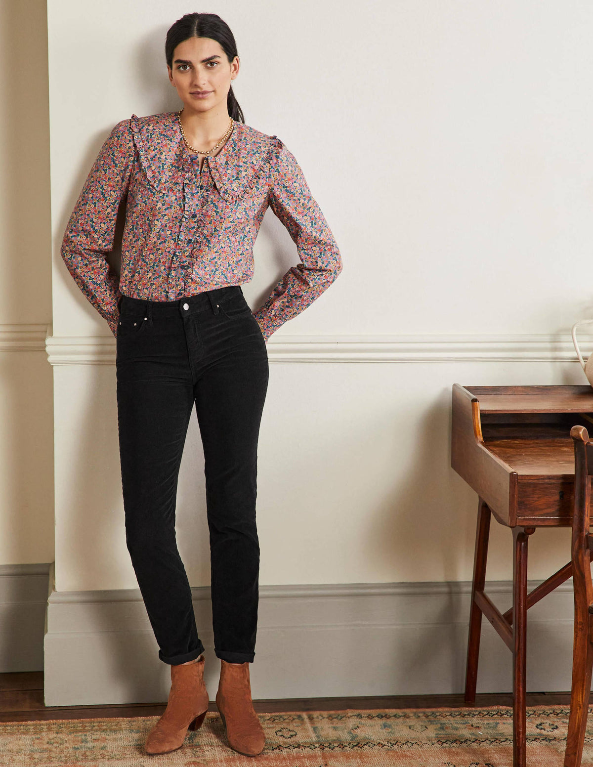 Corduroy Slim Straight Jeans-Black-1