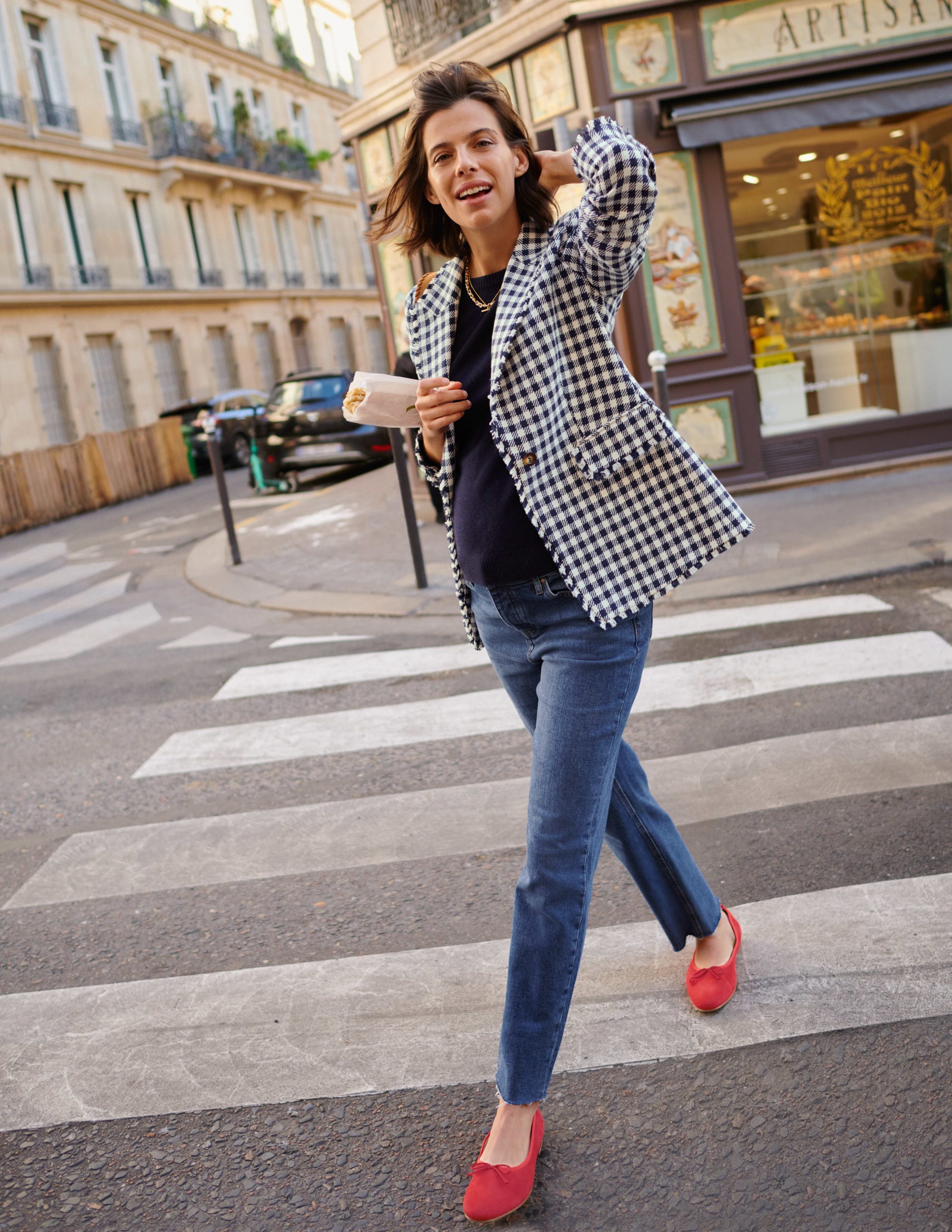 Hever Cotton Twill Blazer-French Navy Gingham - Image 10