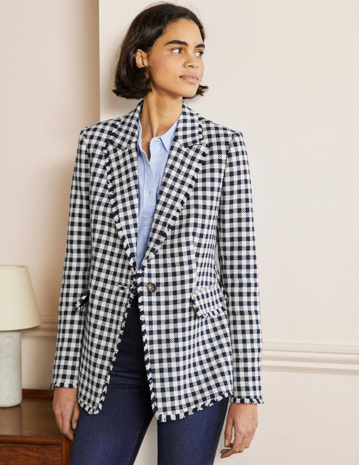 Hever Cotton Twill Blazer-French Navy Gingham - Image 1