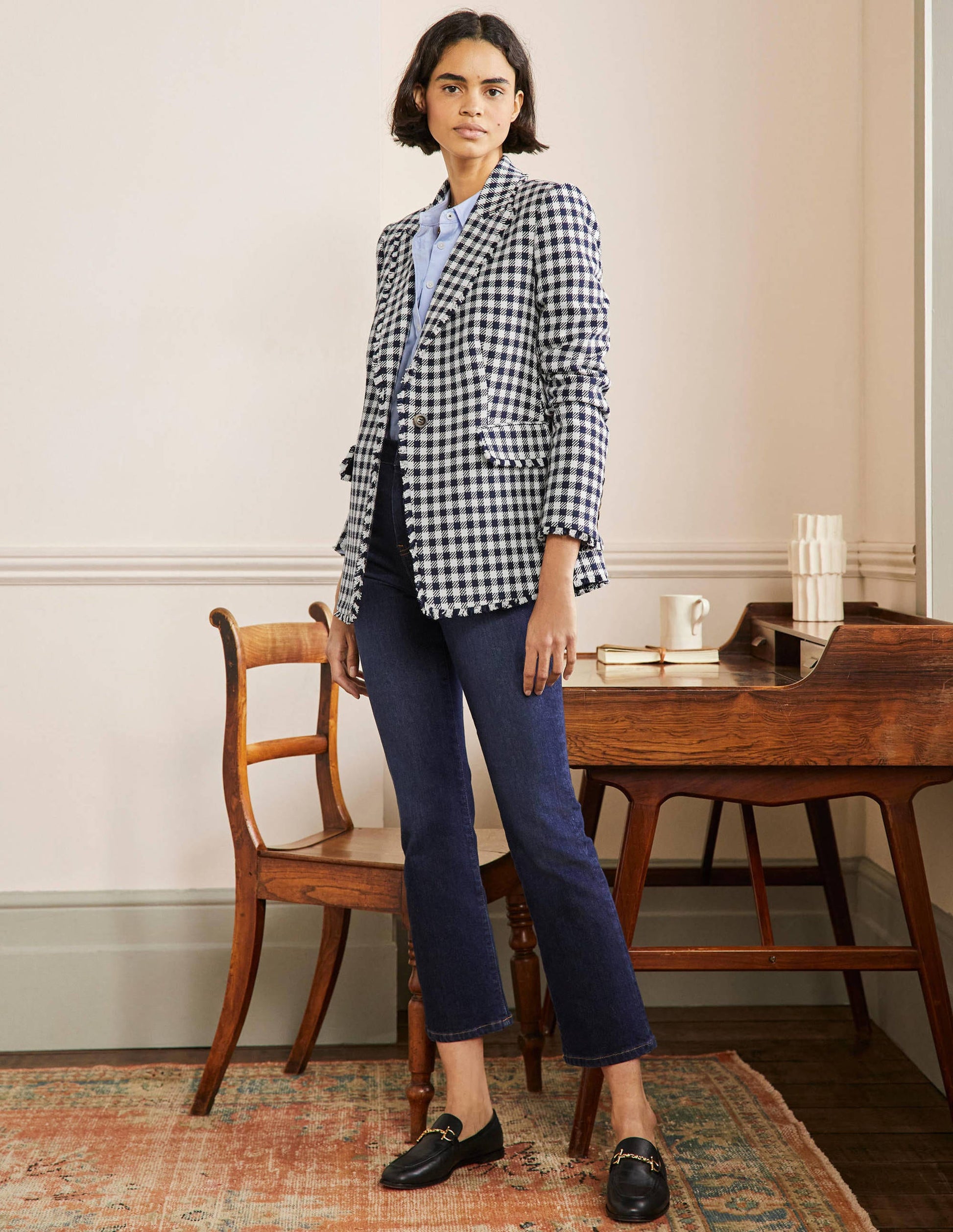 Hever Cotton Twill Blazer-French Navy Gingham-4