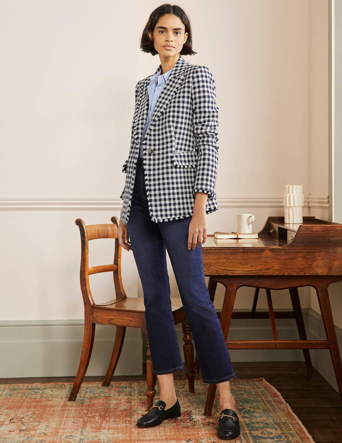 Hever Cotton Twill Blazer-French Navy Gingham - Image 4