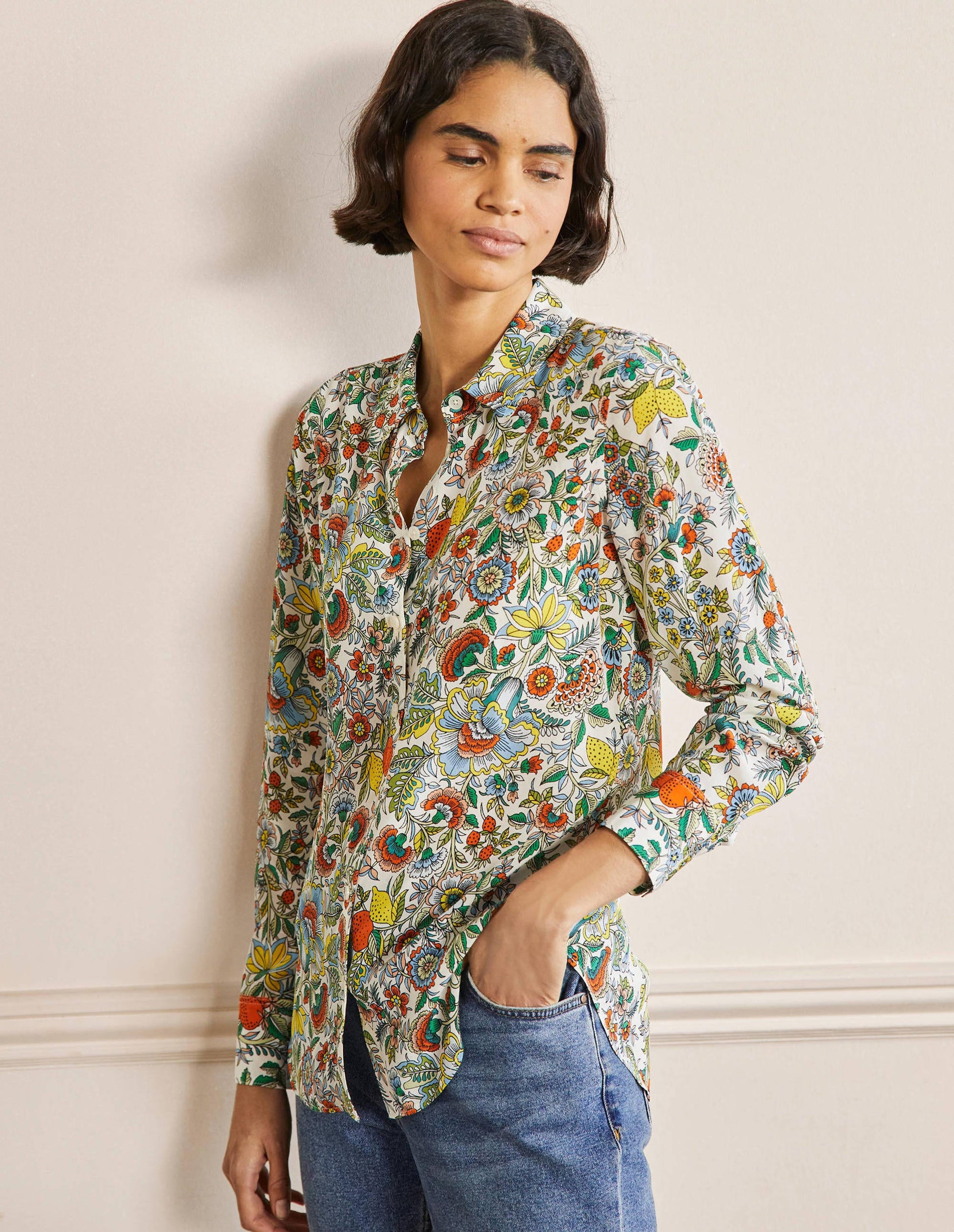 Silk Shirt-Ivory, Tropic Meadow-1