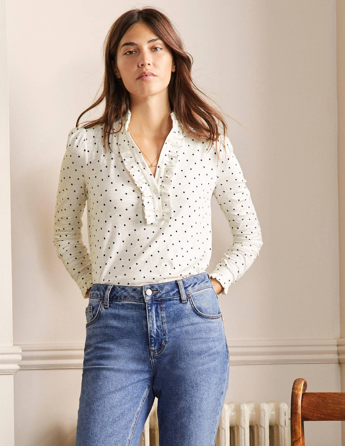 Ruffle Front Jersey Top-Ivory, Pin Dot - Image 1