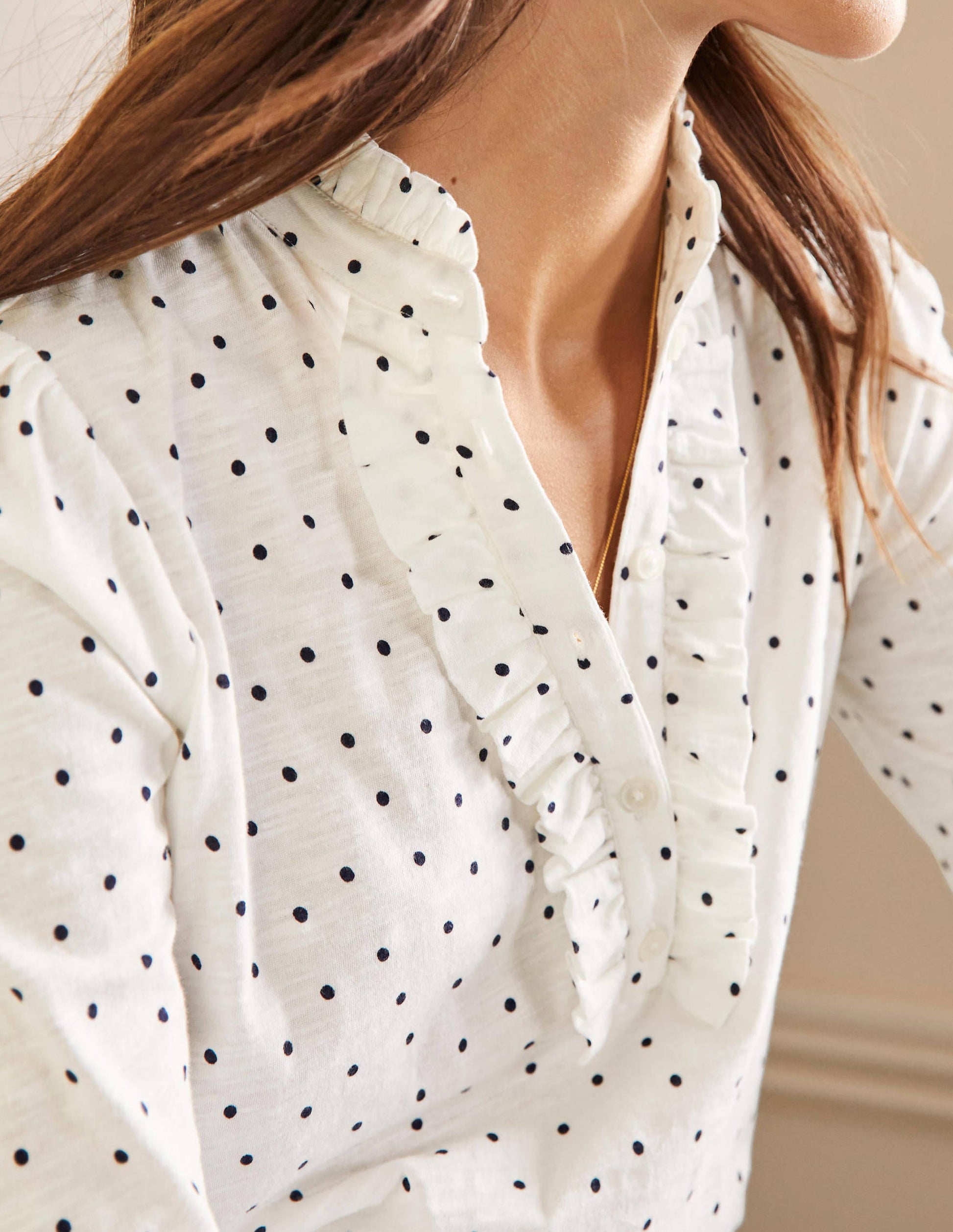 Ruffle Front Jersey Top-Ivory, Pin Dot-2