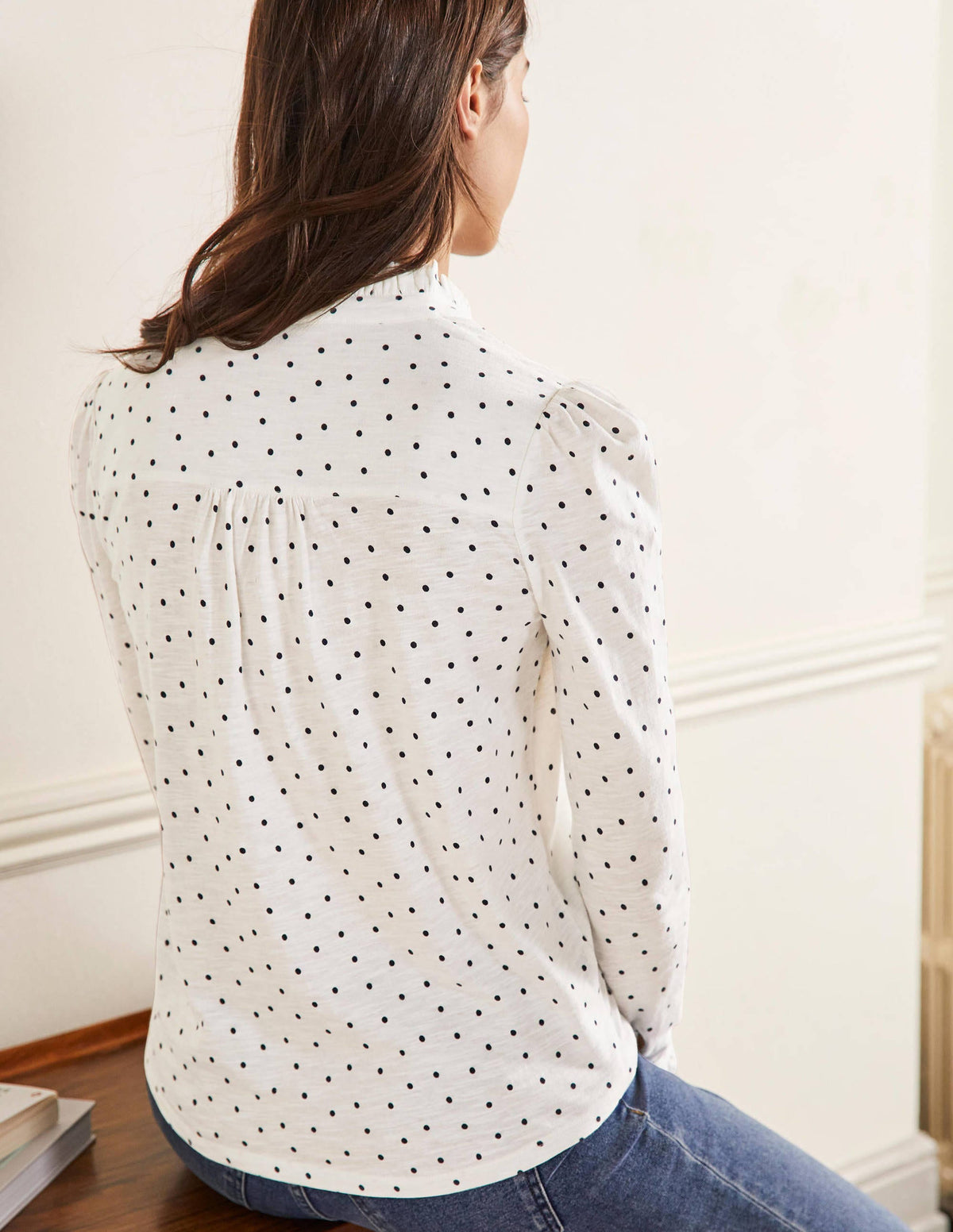 Ruffle Front Jersey Top-Ivory, Pin Dot - Image 3