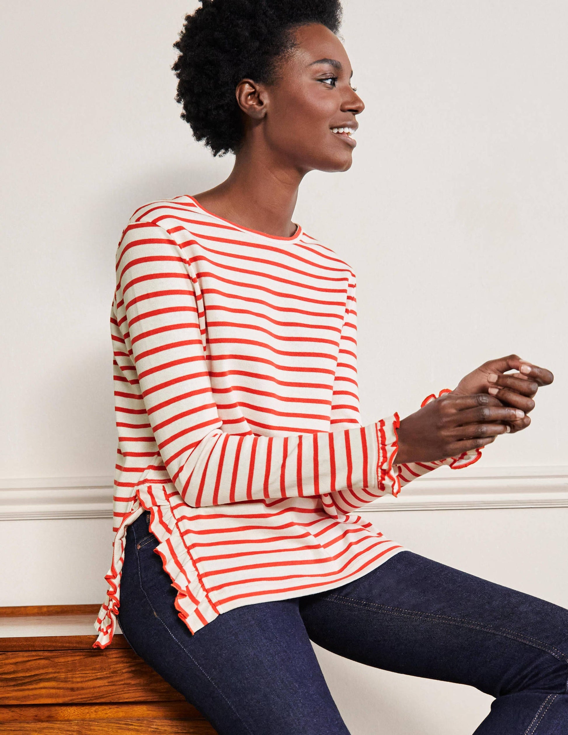 Frilled Side Split Jersey Top-Ivory / Hot Coral Stripe-1