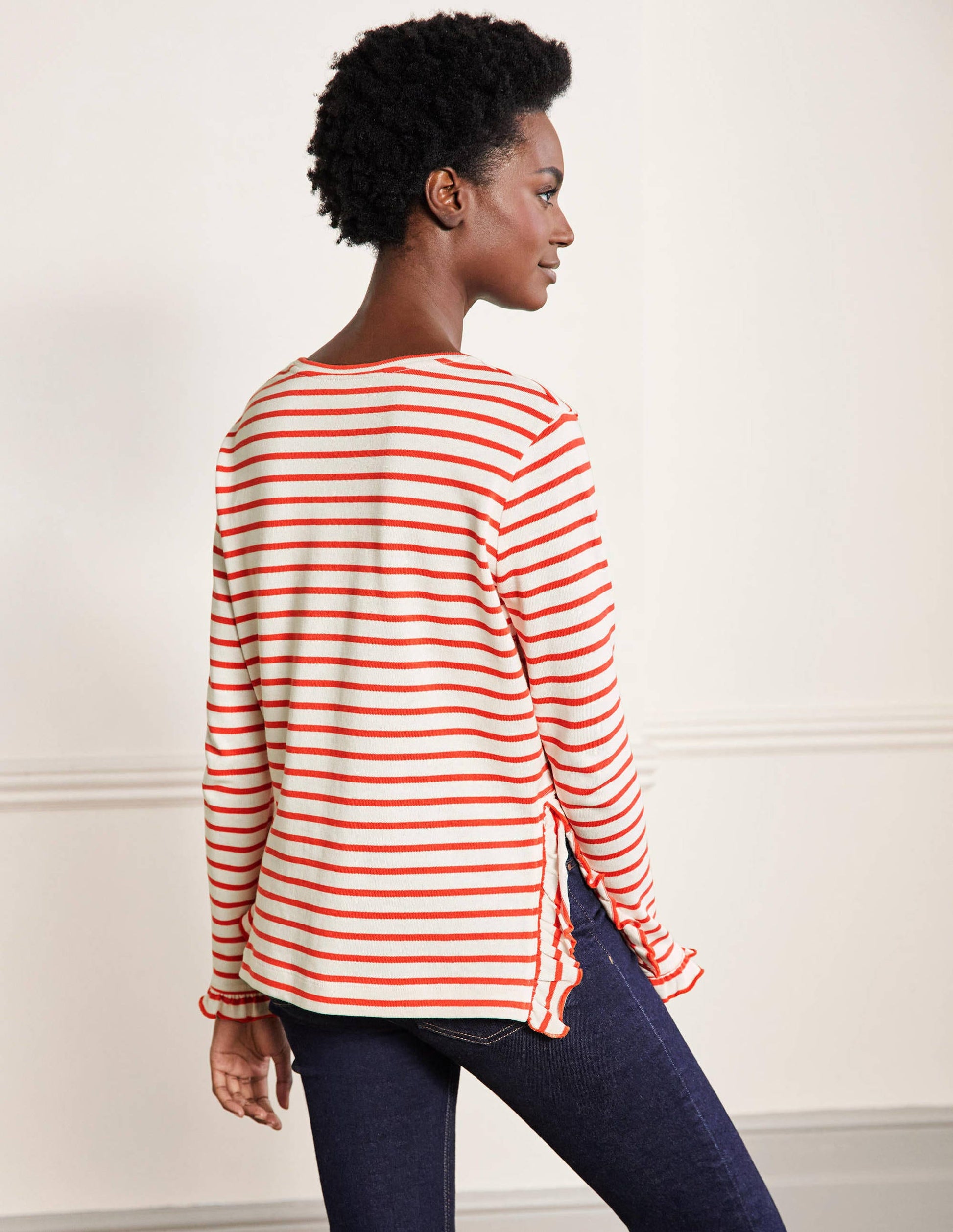 Frilled Side Split Jersey Top-Ivory / Hot Coral Stripe-3