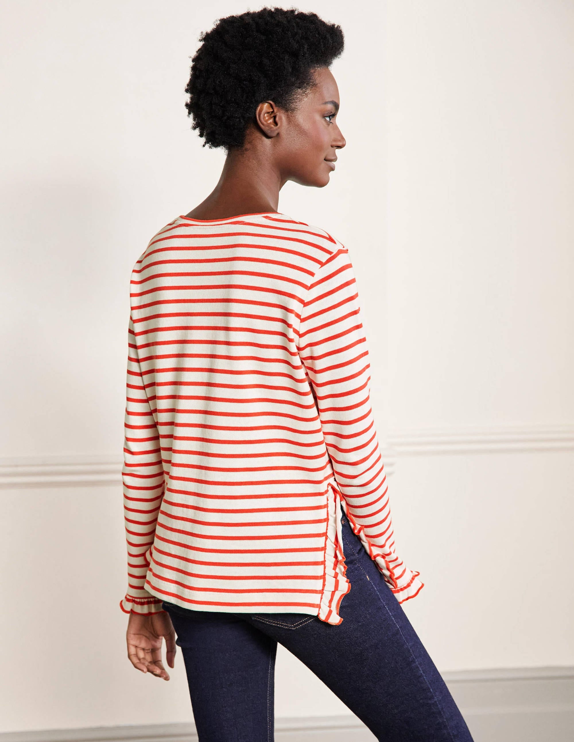 Frilled Side Split Jersey Top-Ivory / Hot Coral Stripe - Image 3
