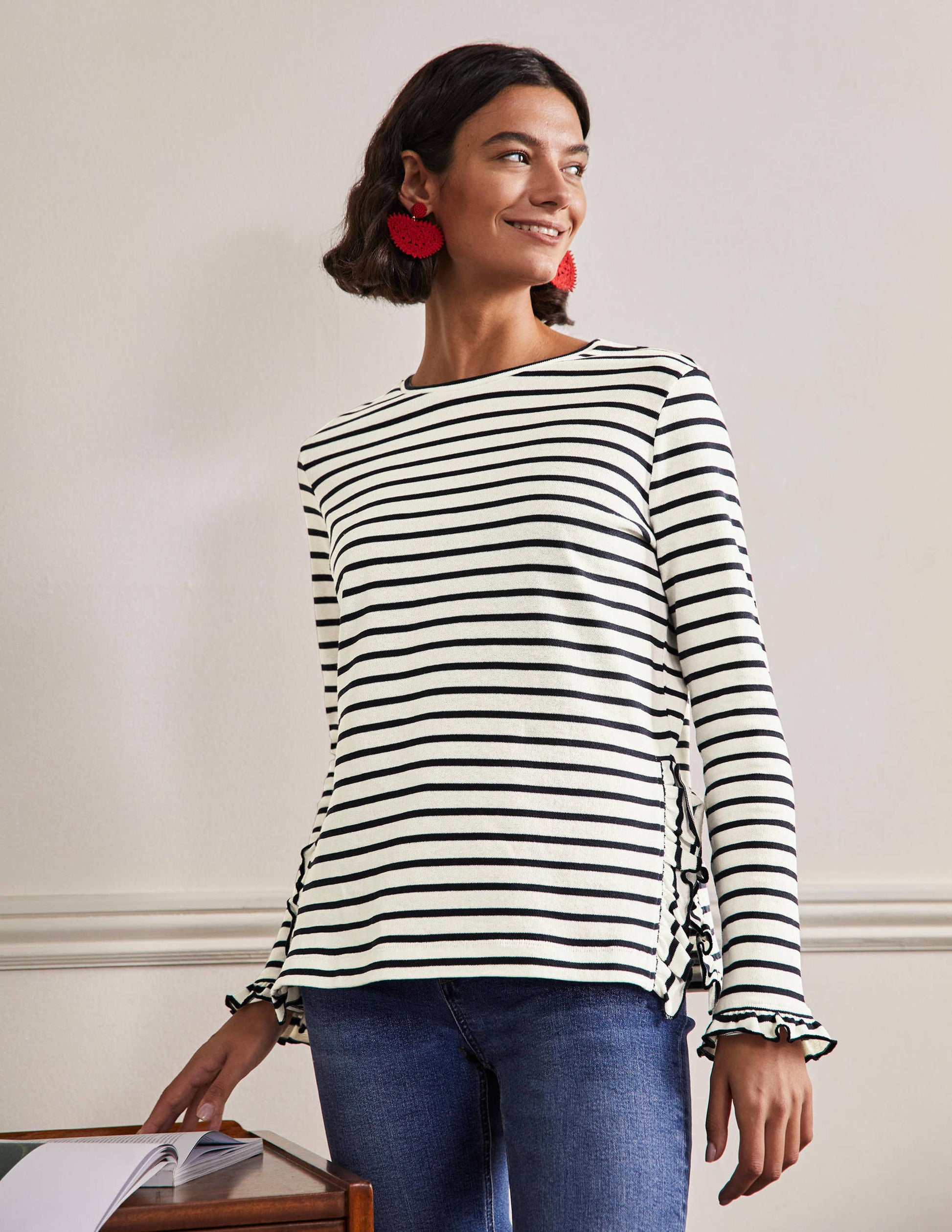 Frilled Side Split Jersey Top-Ivory / Navy Stripe-1