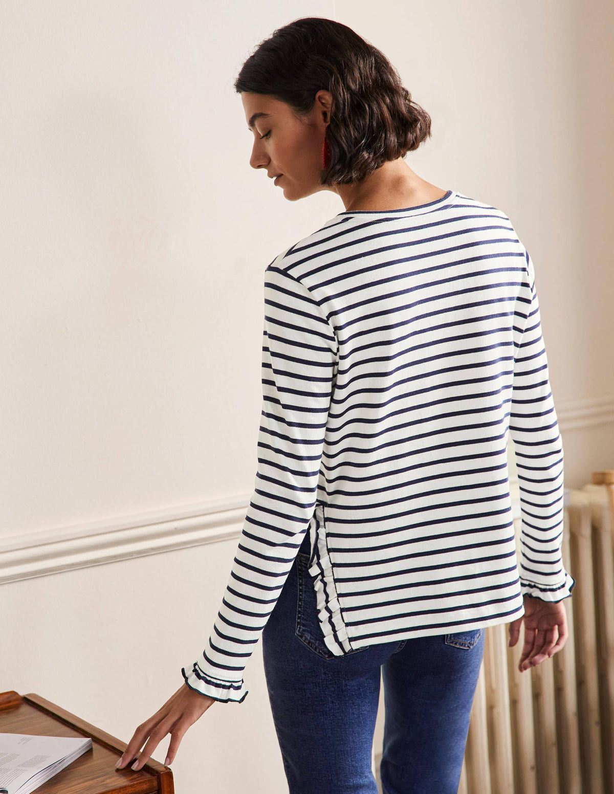 Frilled Side Split Jersey Top-Ivory / Navy Stripe - Image 3