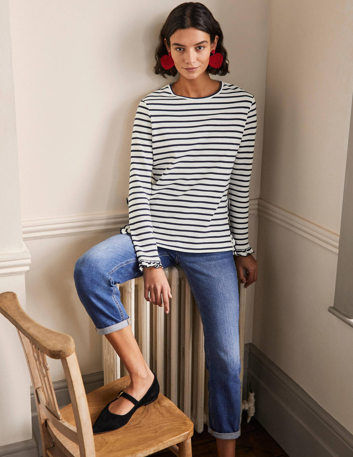 Frilled Side Split Jersey Top-Ivory / Navy Stripe-4