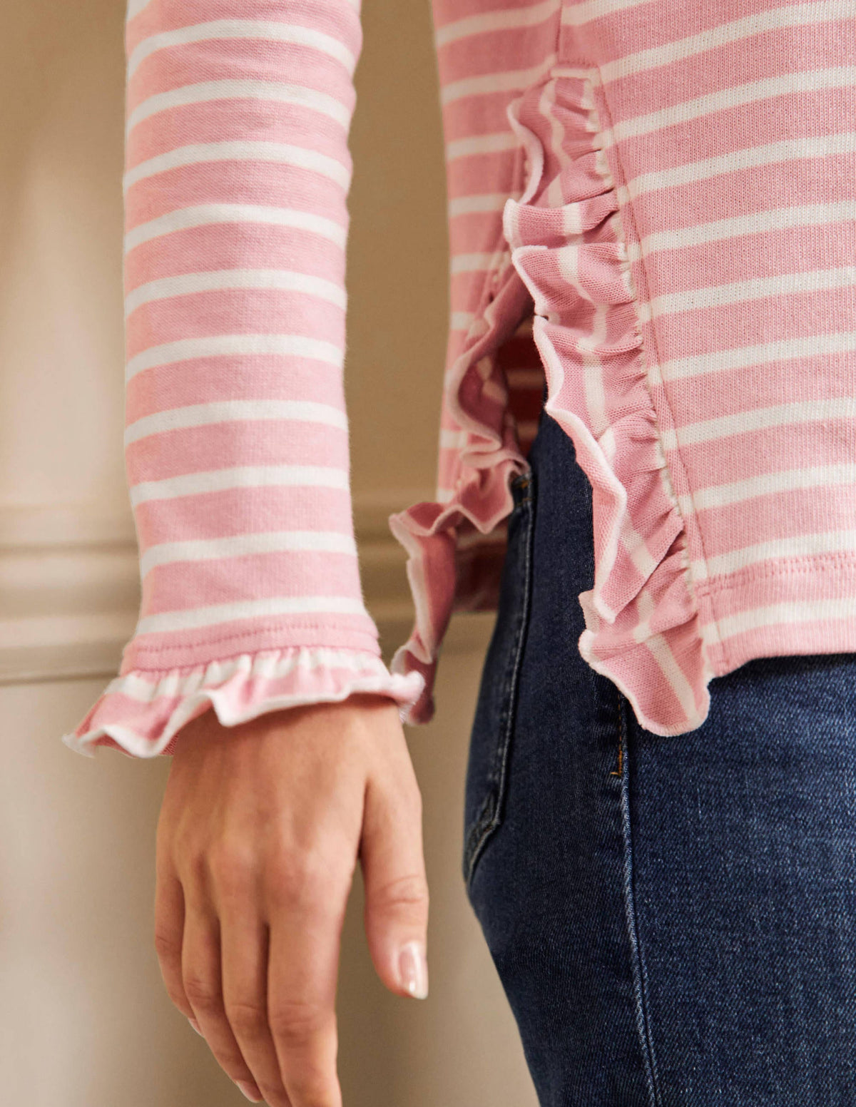 Frilled Side Split Jersey Top-Cameo Pink / Ivory Stripe - Image 2
