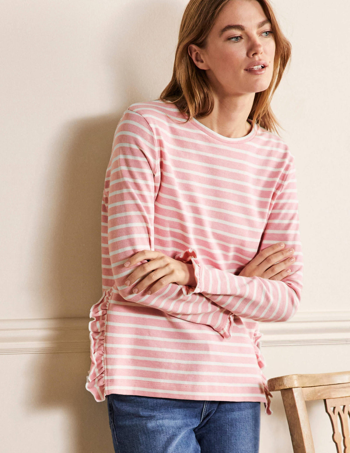 Frilled Side Split Jersey Top-Cameo Pink / Ivory Stripe-4