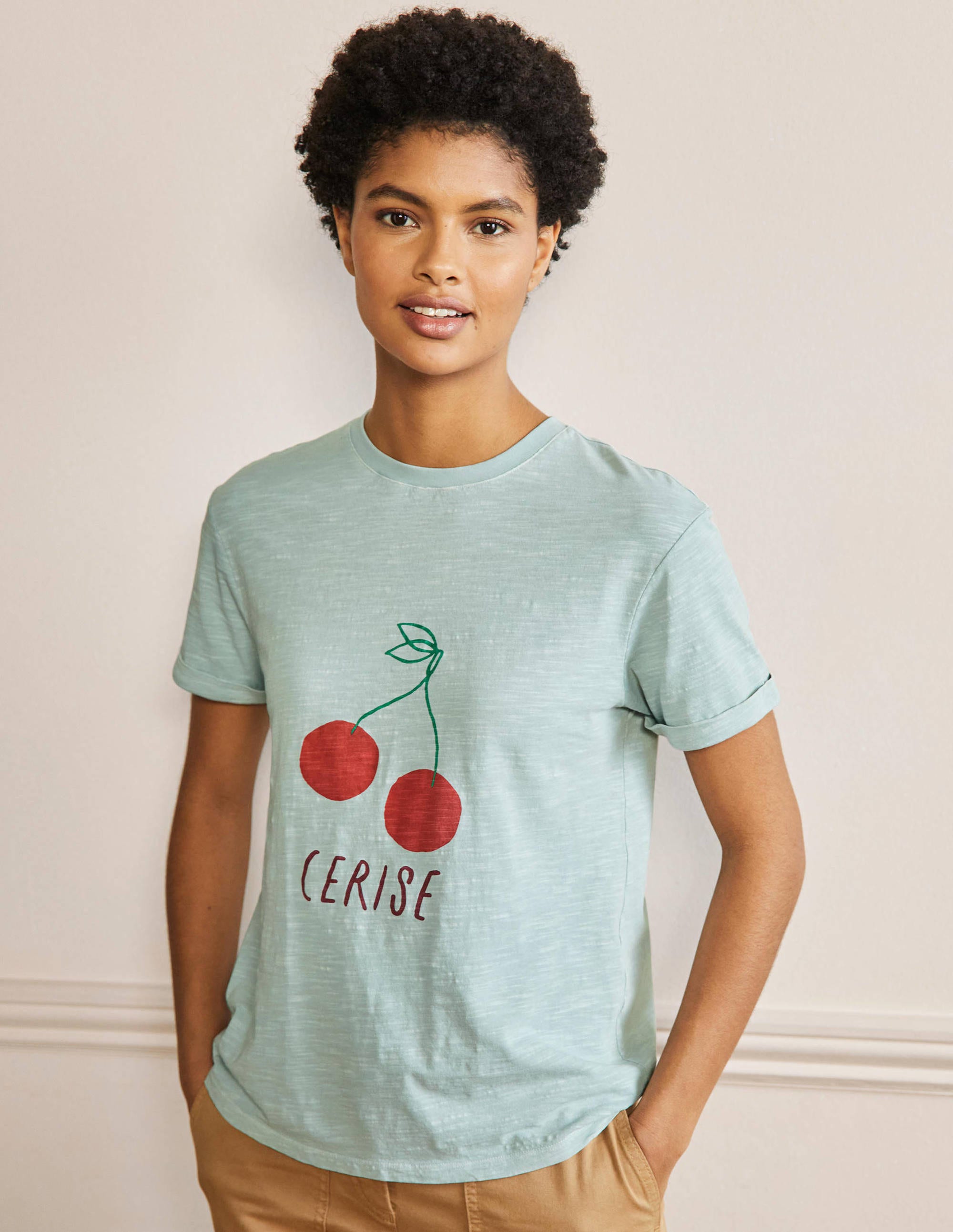 Turn Up Cuff Cotton T-shirt-Dawn Sky, Cherry - Image 1