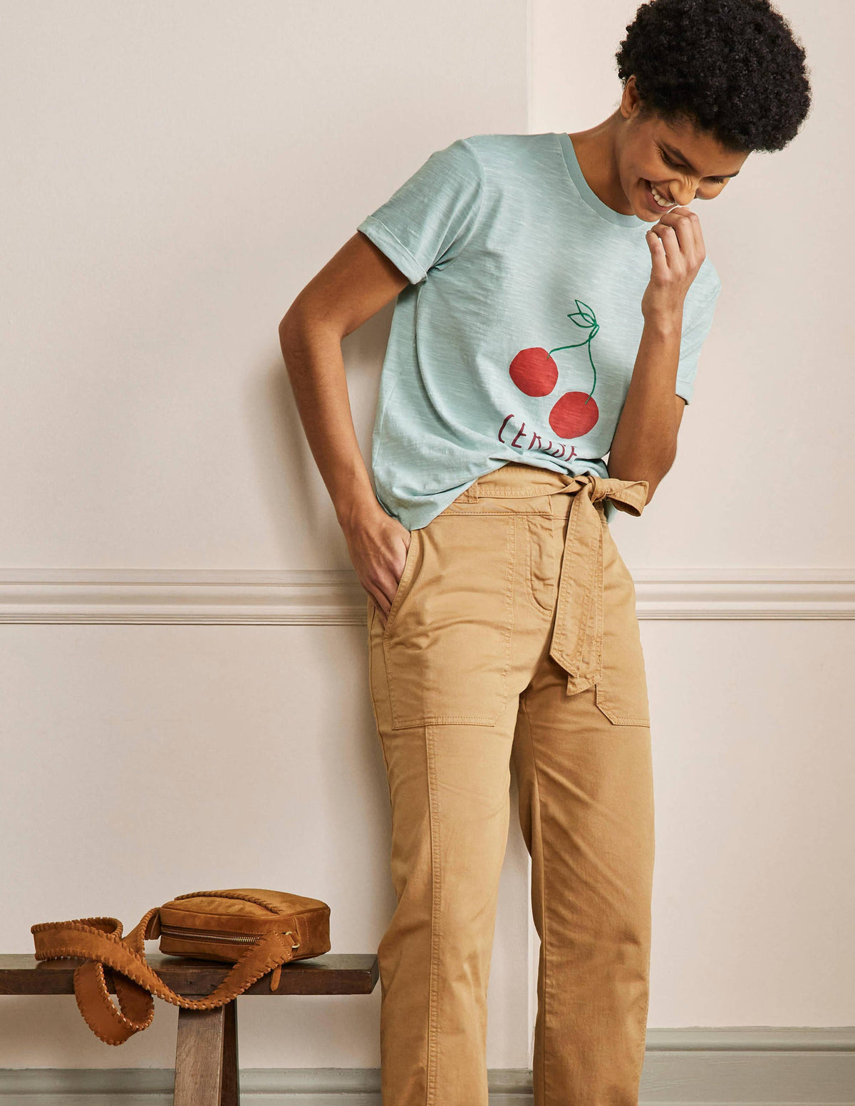 Turn Up Cuff Cotton T-shirt-Dawn Sky, Cherry - Image 4