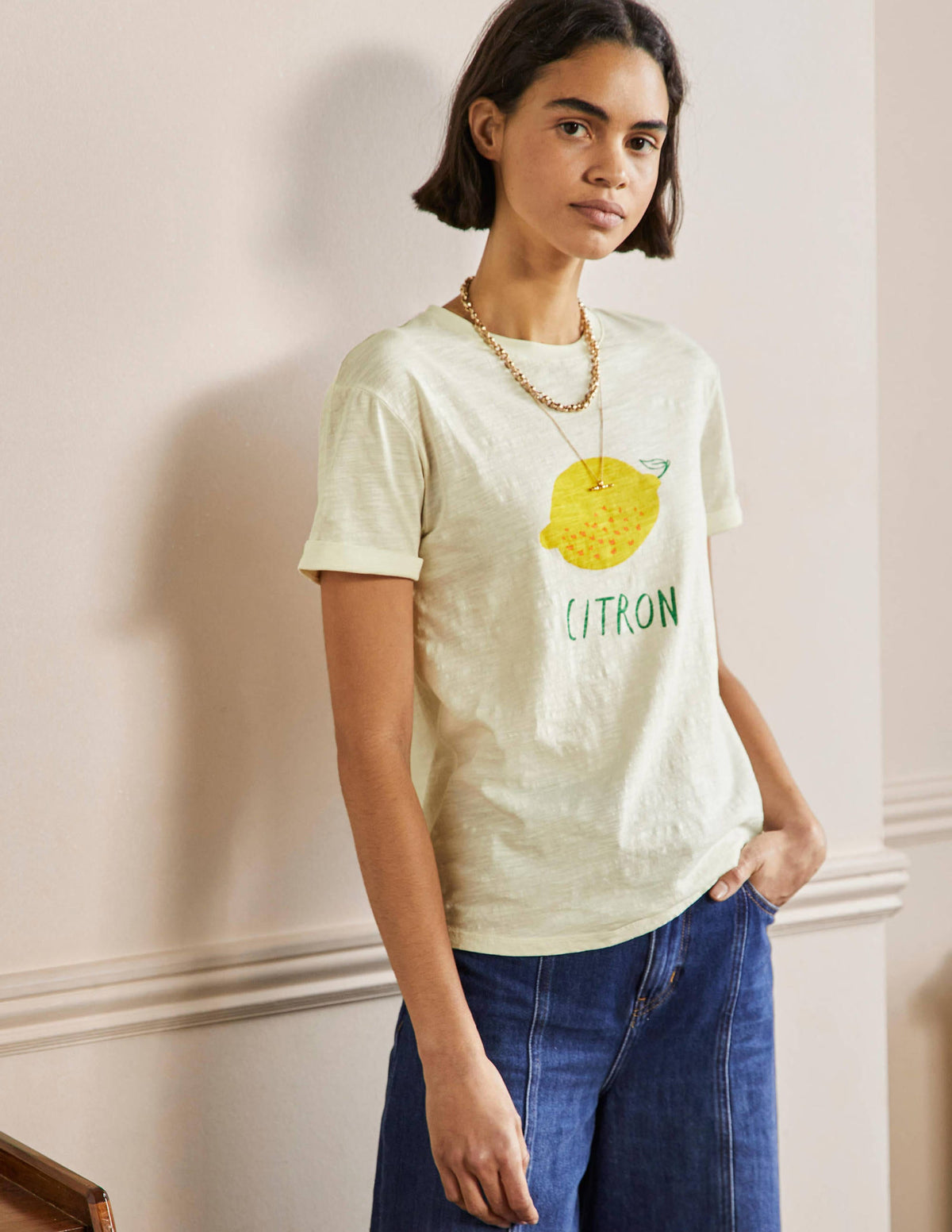 Turn Up Cuff Cotton T-shirt-Ivory, Lemon - Image 1