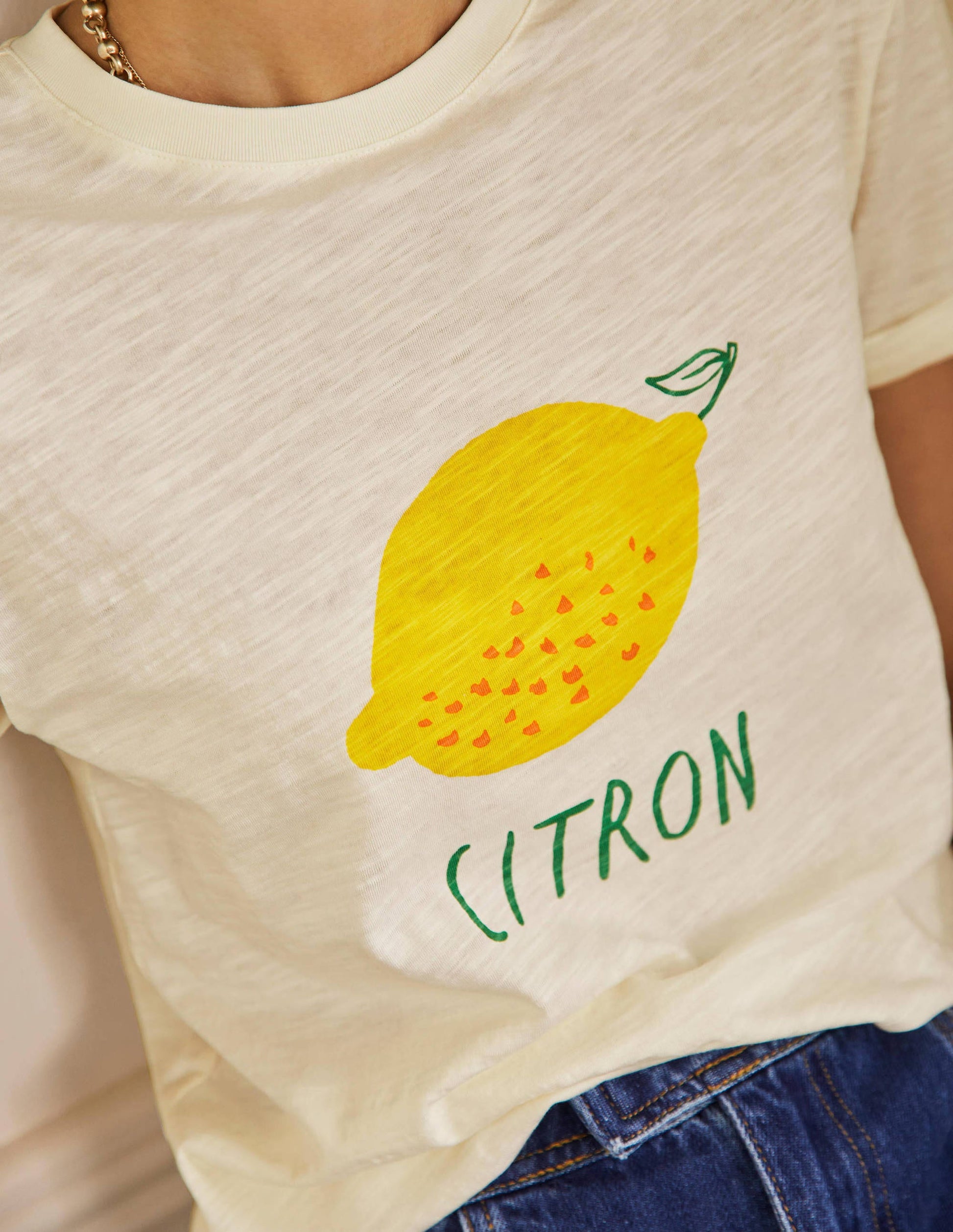 Turn Up Cuff Cotton T-shirt-Ivory, Lemon-2