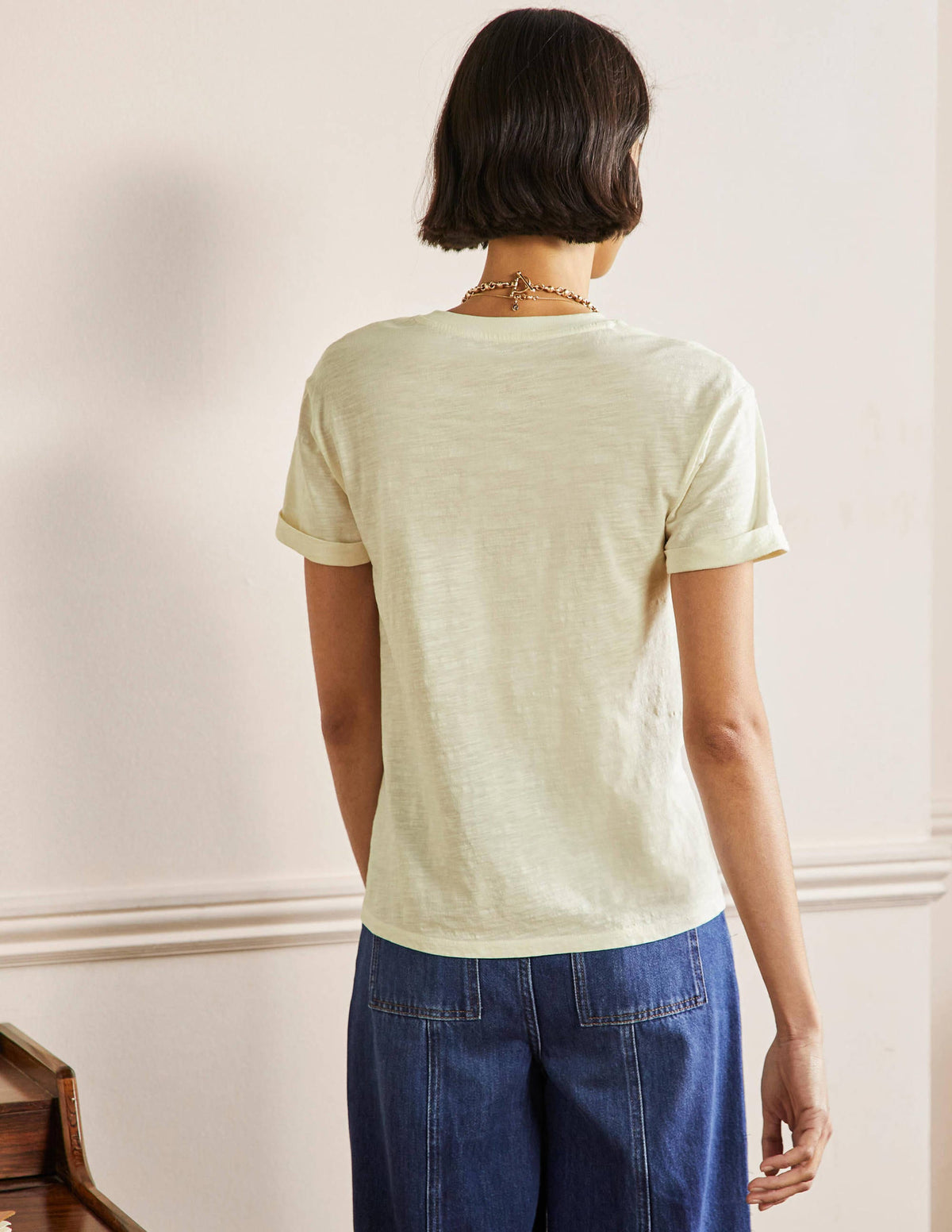 Turn Up Cuff Cotton T-shirt-Ivory, Lemon - Image 3