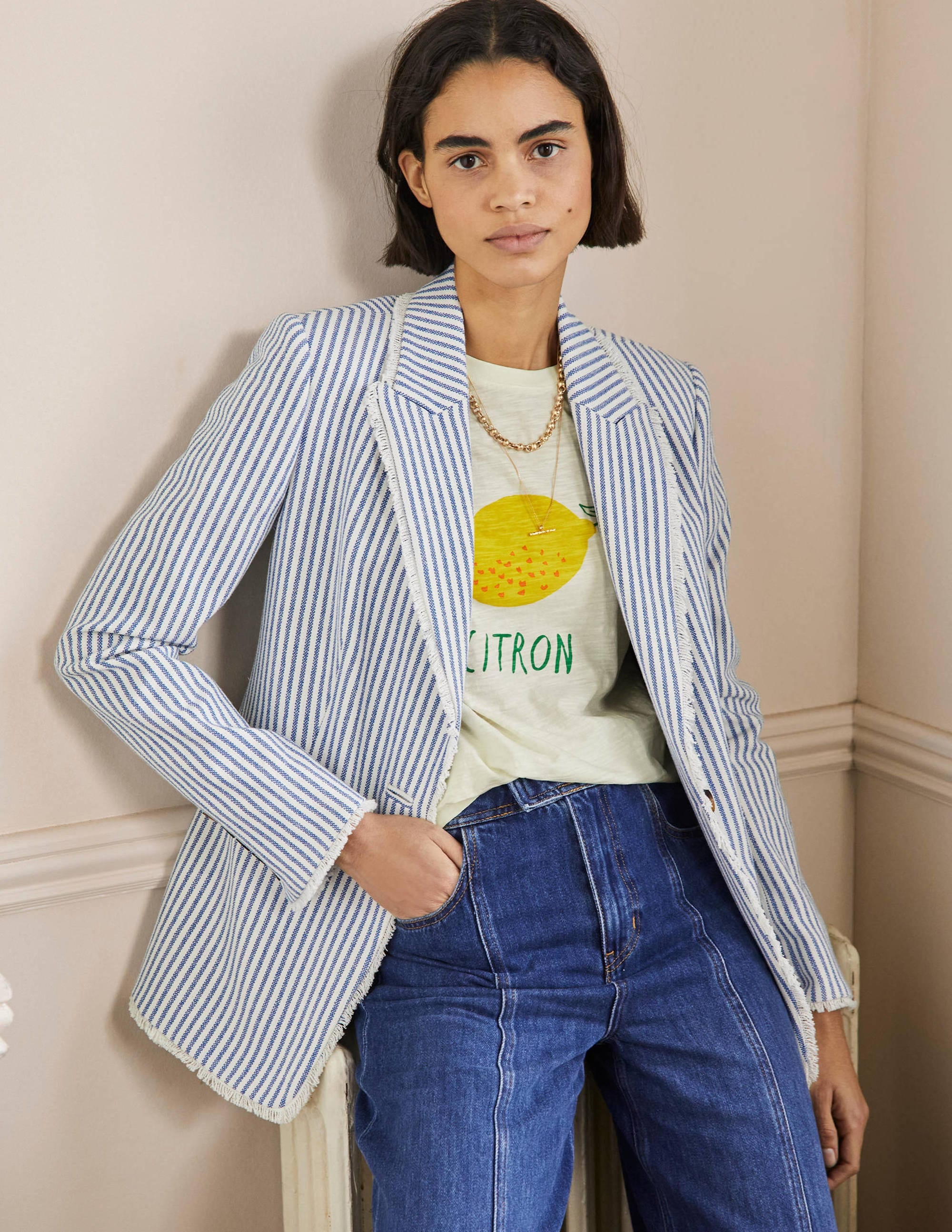 Turn Up Cuff Cotton T-shirt-Ivory, Lemon - Image 4