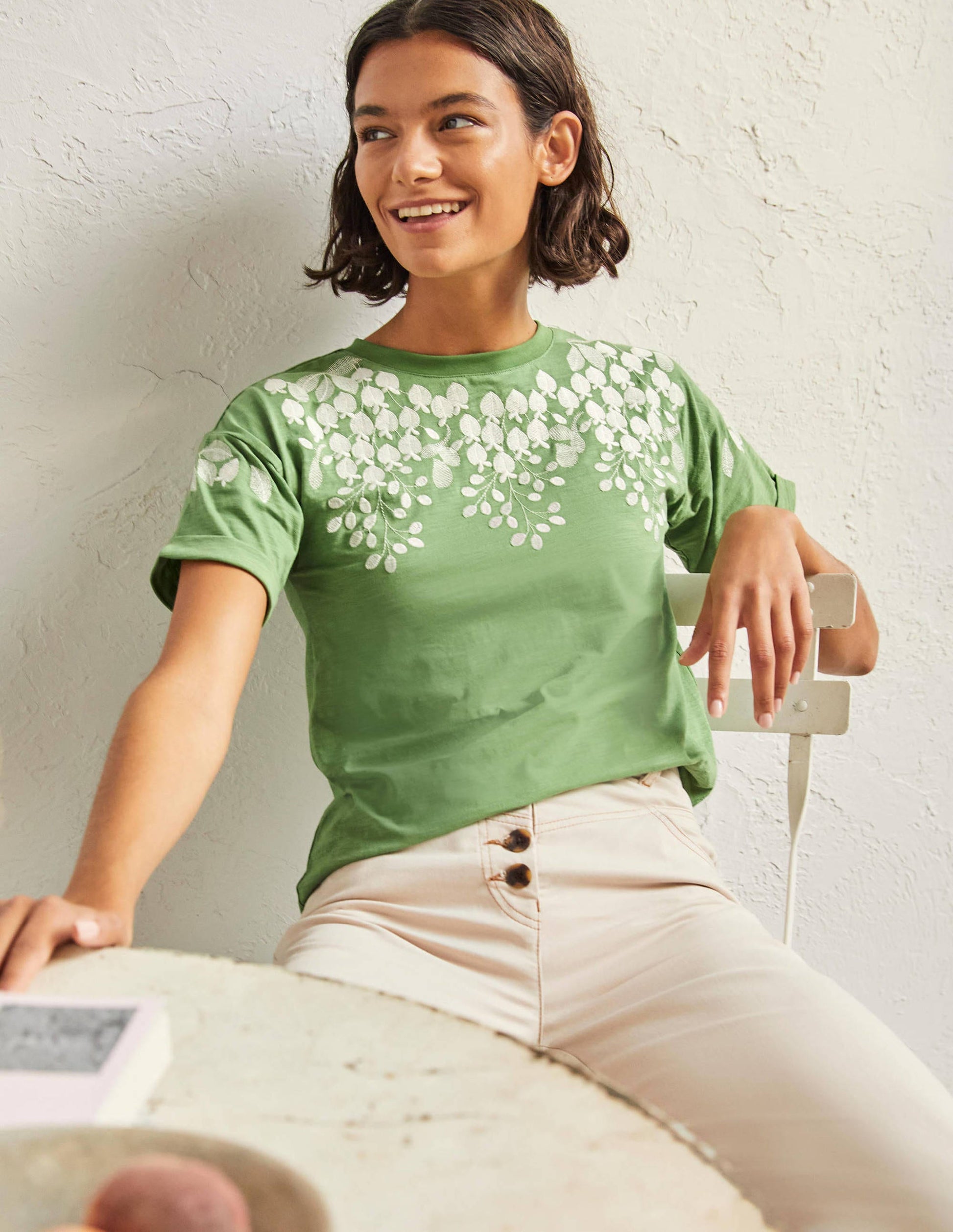 Turn Up Cuff Cotton T-shirt-English Ivy, Ivory Embroidered-1