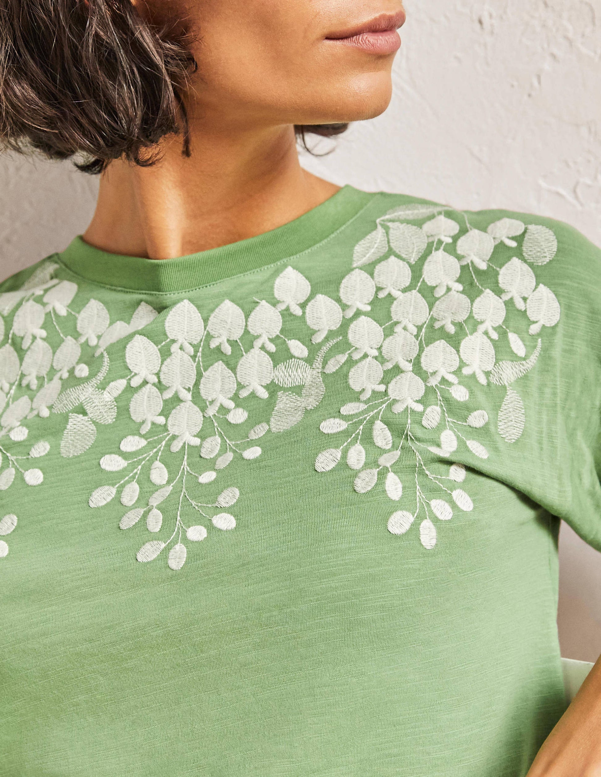 Turn Up Cuff Cotton T-shirt-English Ivy, Ivory Embroidered-2