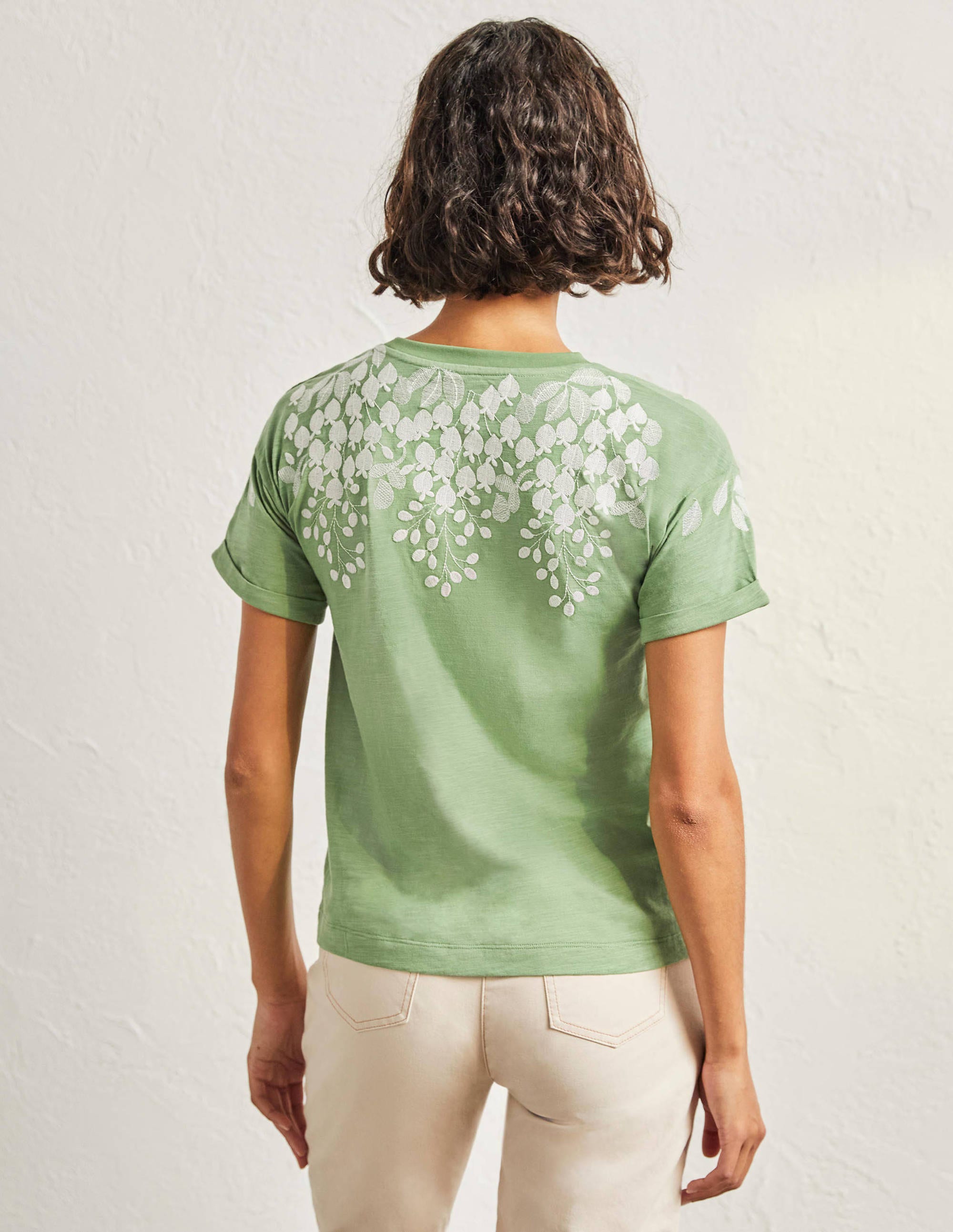 Turn Up Cuff Cotton T-shirt-English Ivy, Ivory Embroidered - Image 3