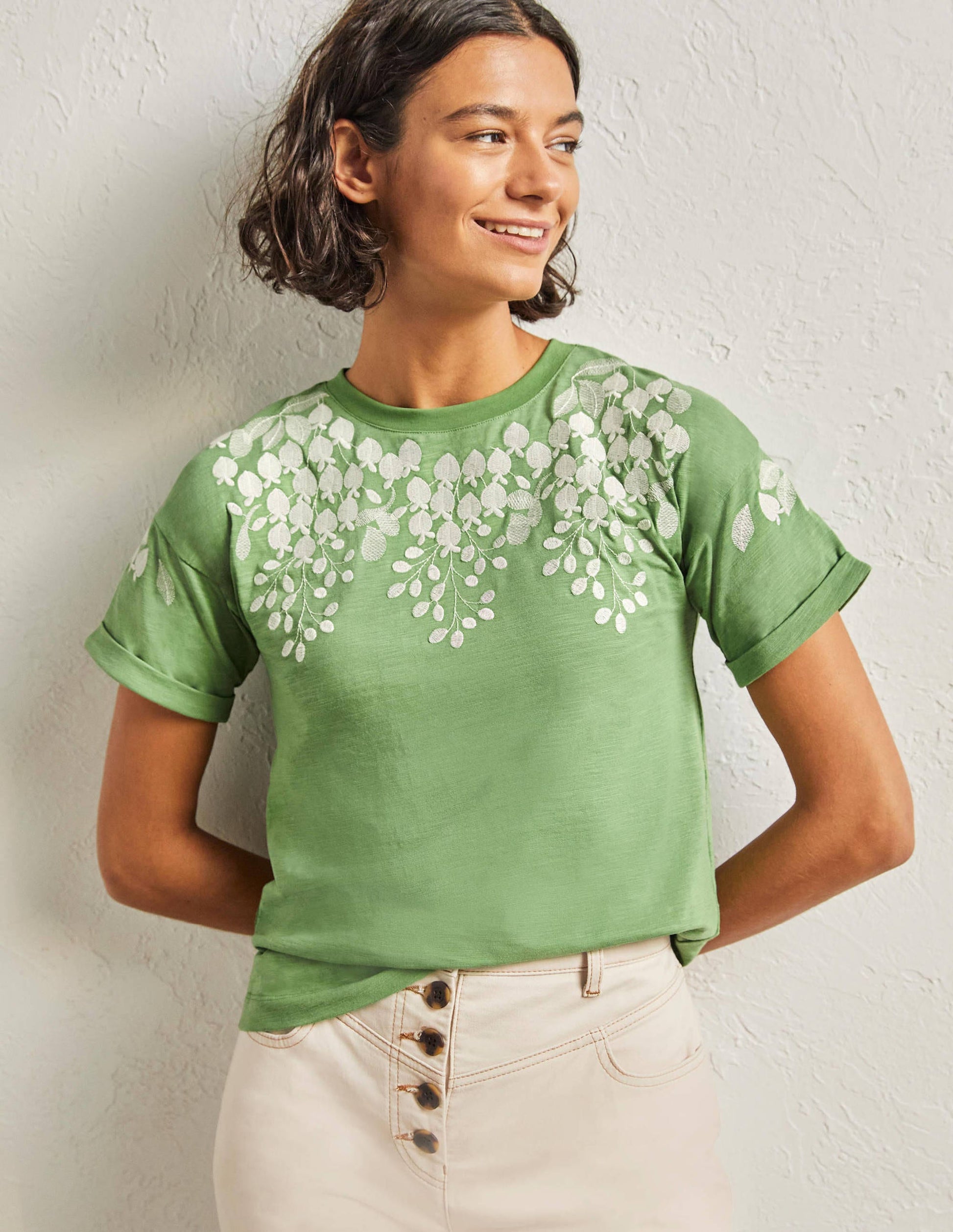 Turn Up Cuff Cotton T-shirt-English Ivy, Ivory Embroidered-4