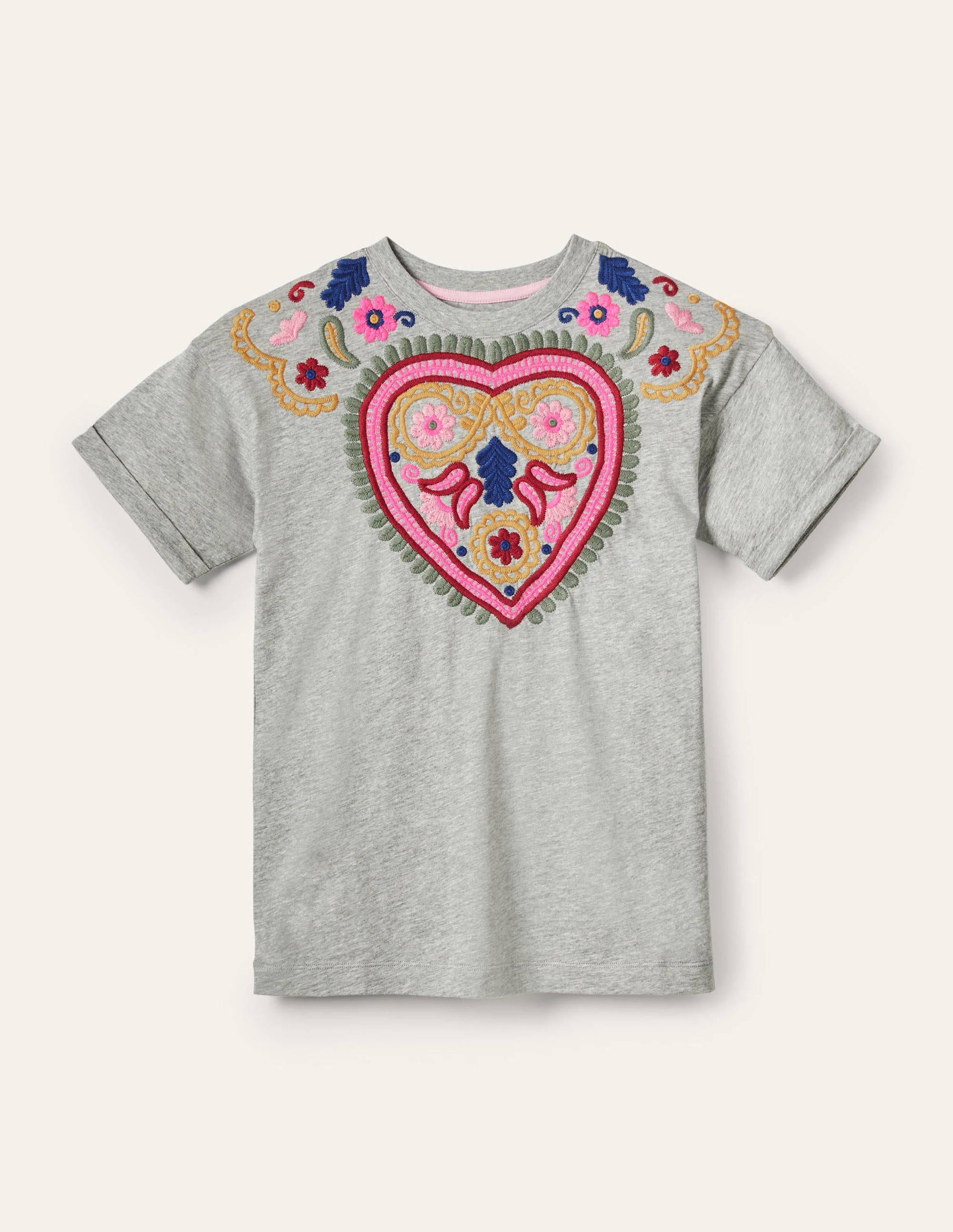 Turn Up Cuff Cotton T-shirt-Grey Marl, Heart Embroidery-4