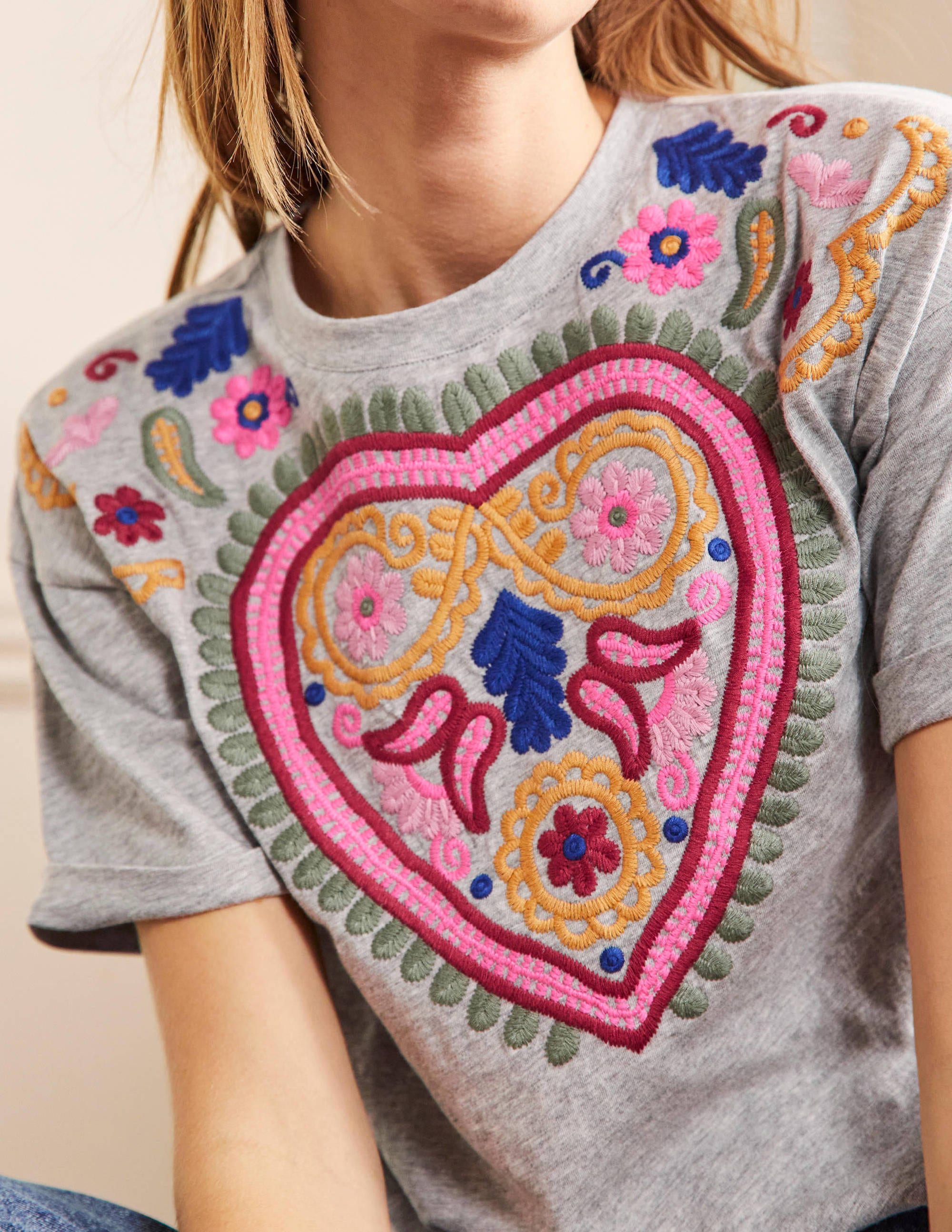 Turn Up Cuff Cotton T-shirt-Grey Marl, Heart Embroidery - Image 1