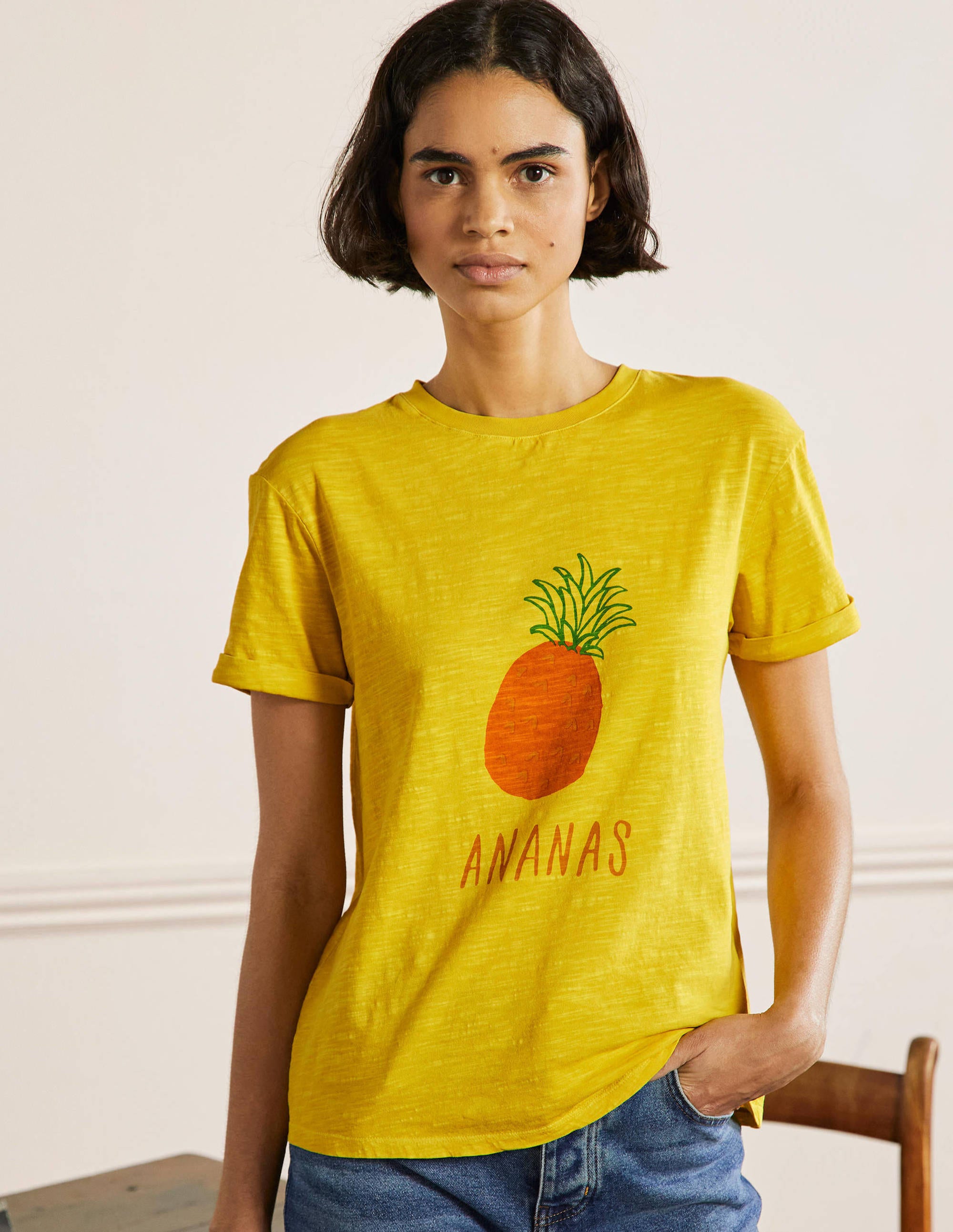 Turn Up Cuff Cotton T-shirt-Pale Lemon, Pineapple - Image 1