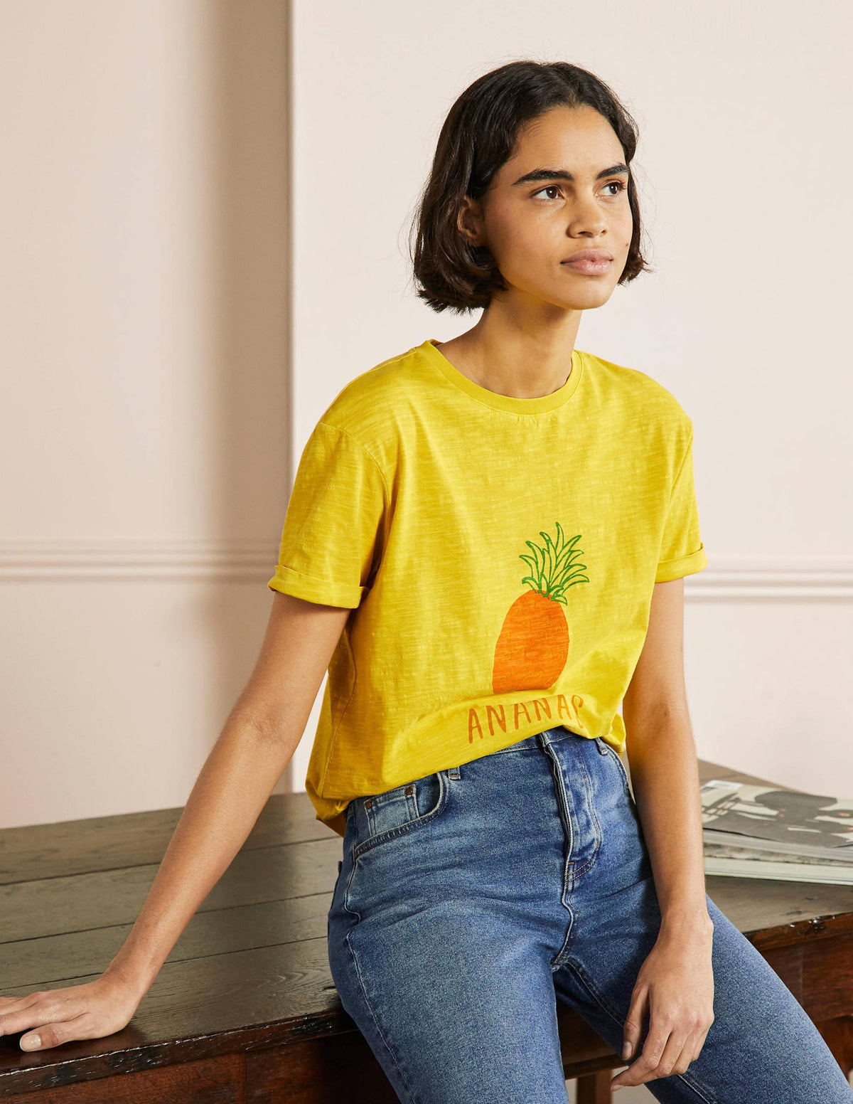 Turn Up Cuff Cotton T-shirt-Pale Lemon, Pineapple - Image 4
