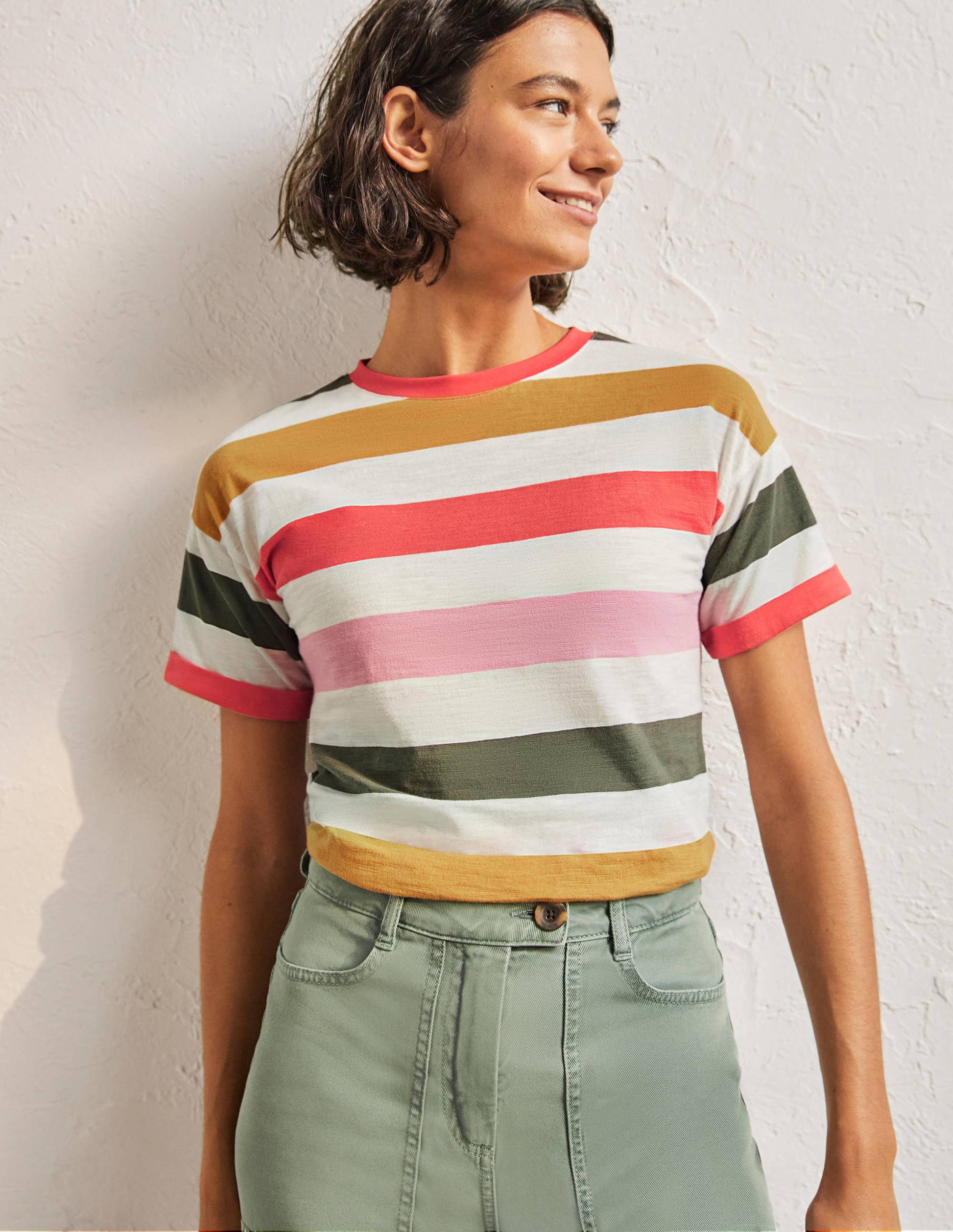Turn Up Cuff Cotton T-shirt-Formica Pink, Hot Coral Multi-2