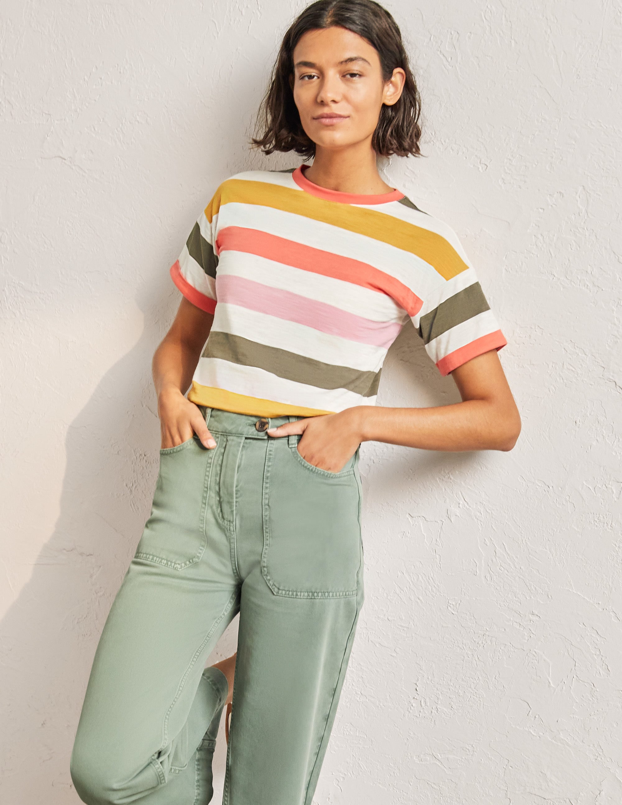Turn Up Cuff Cotton T-shirt-Formica Pink, Hot Coral Multi - Image 4