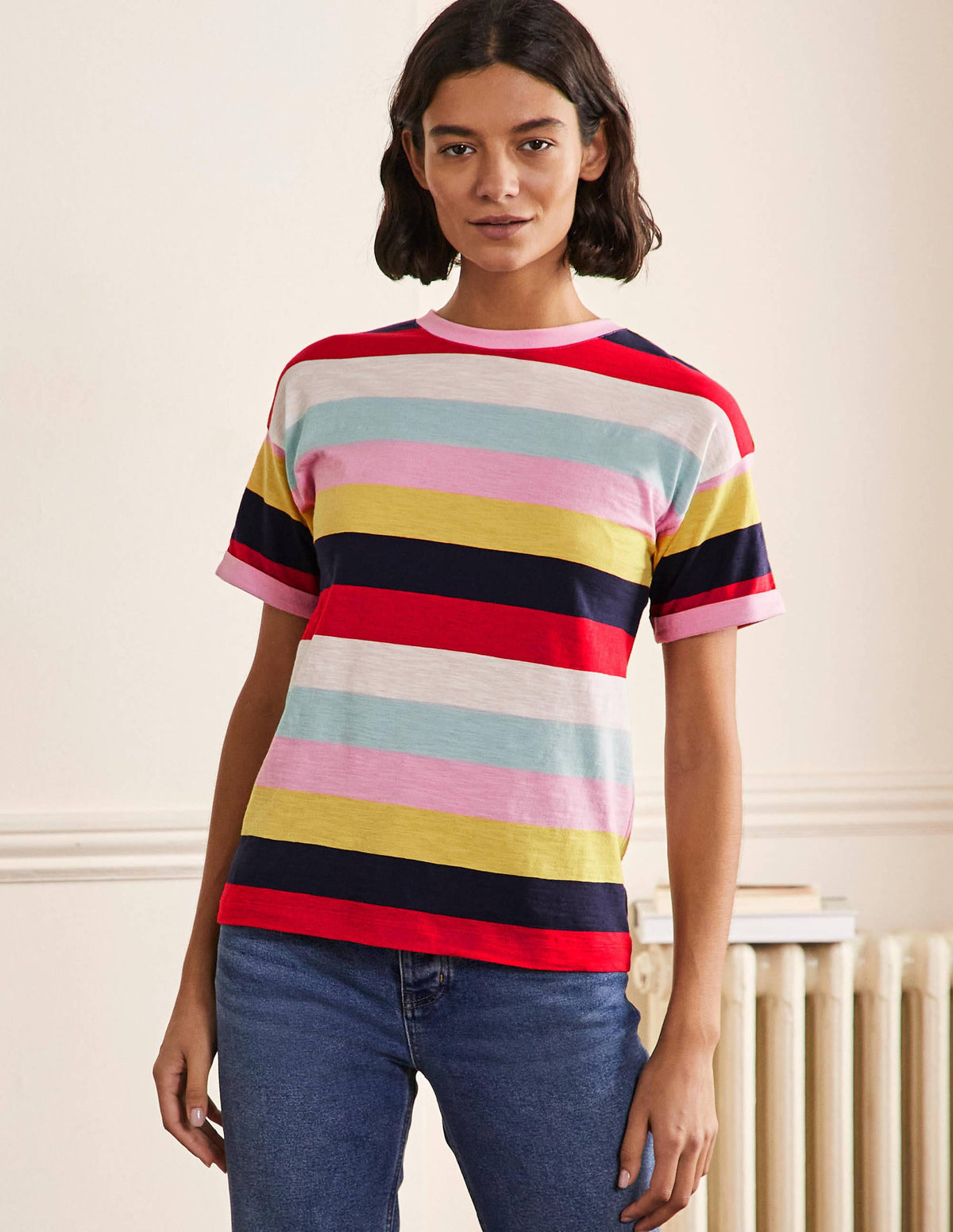 Turn Up Cuff Cotton T-shirt-Spring Blossom, Daffodil Multi - Image 1