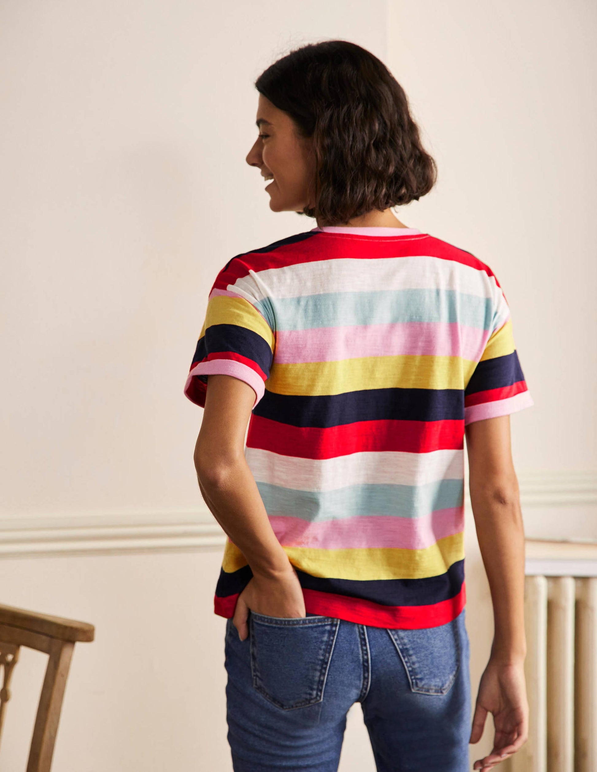 Turn Up Cuff Cotton T-shirt-Spring Blossom, Daffodil Multi-3
