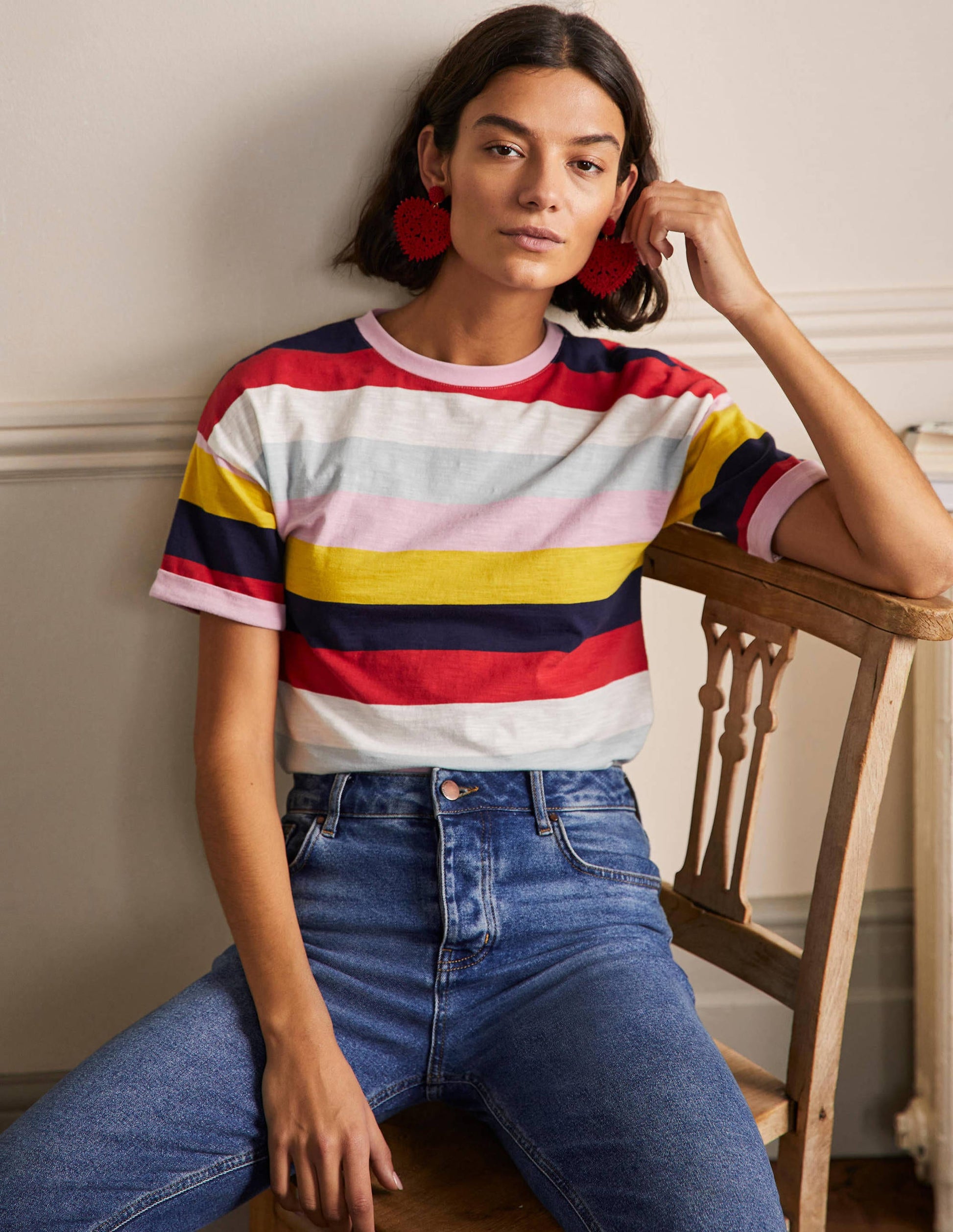 Turn Up Cuff Cotton T-shirt-Spring Blossom, Daffodil Multi-4