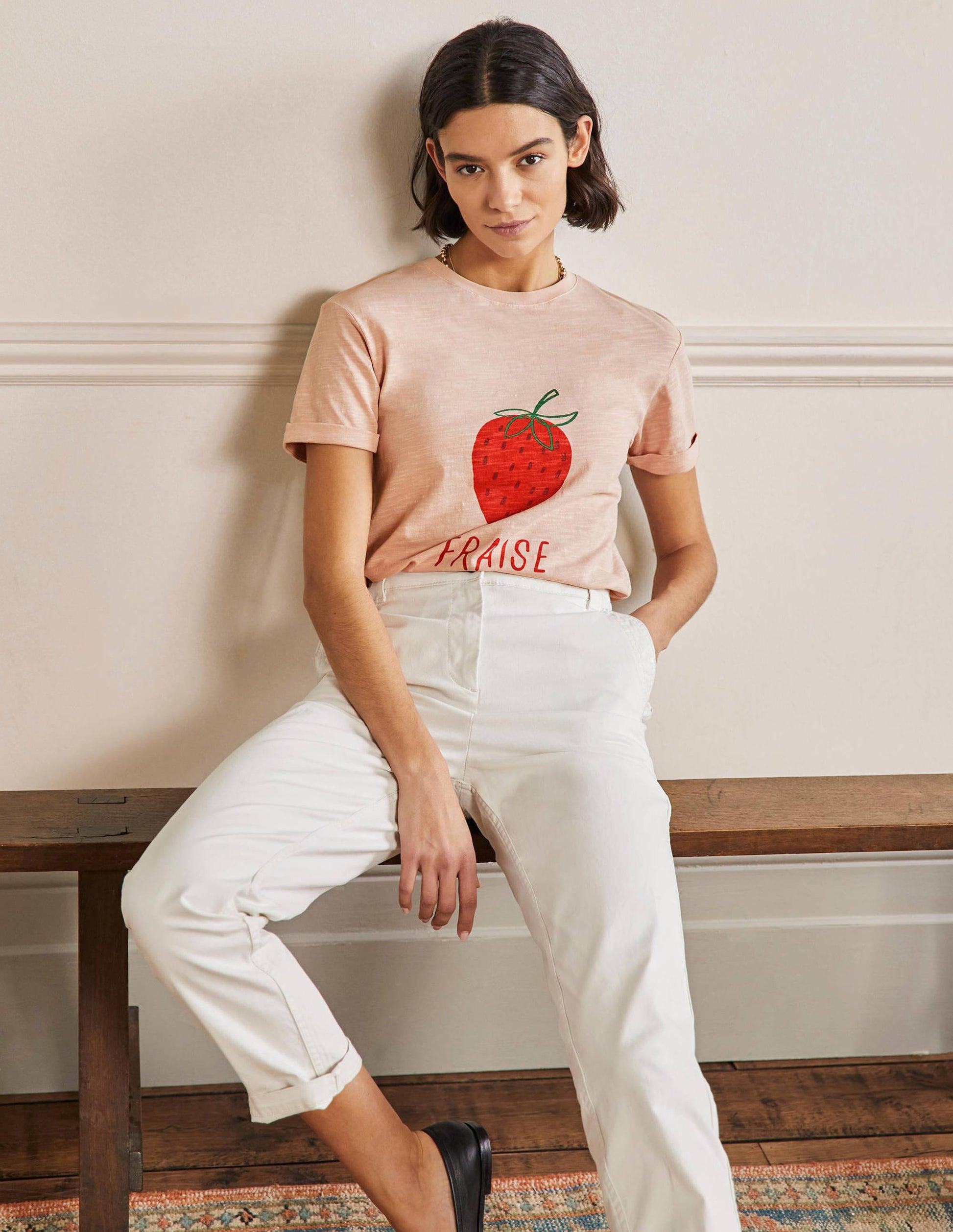 Turn Up Cuff Cotton T-shirt-Milkshake, Strawberry-4