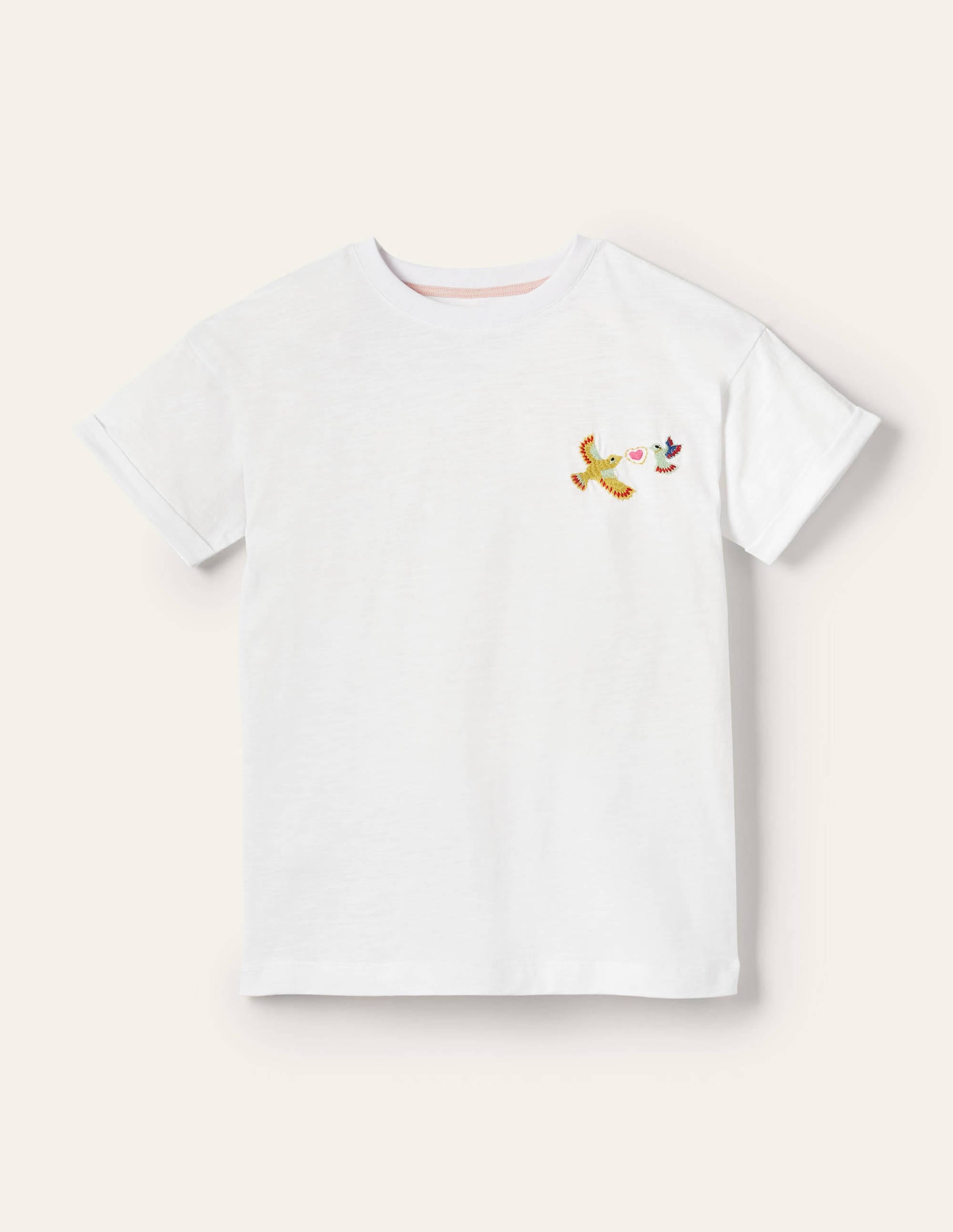 Turn Up Cuff Cotton T-shirt-Bird Embroidery - Image 5