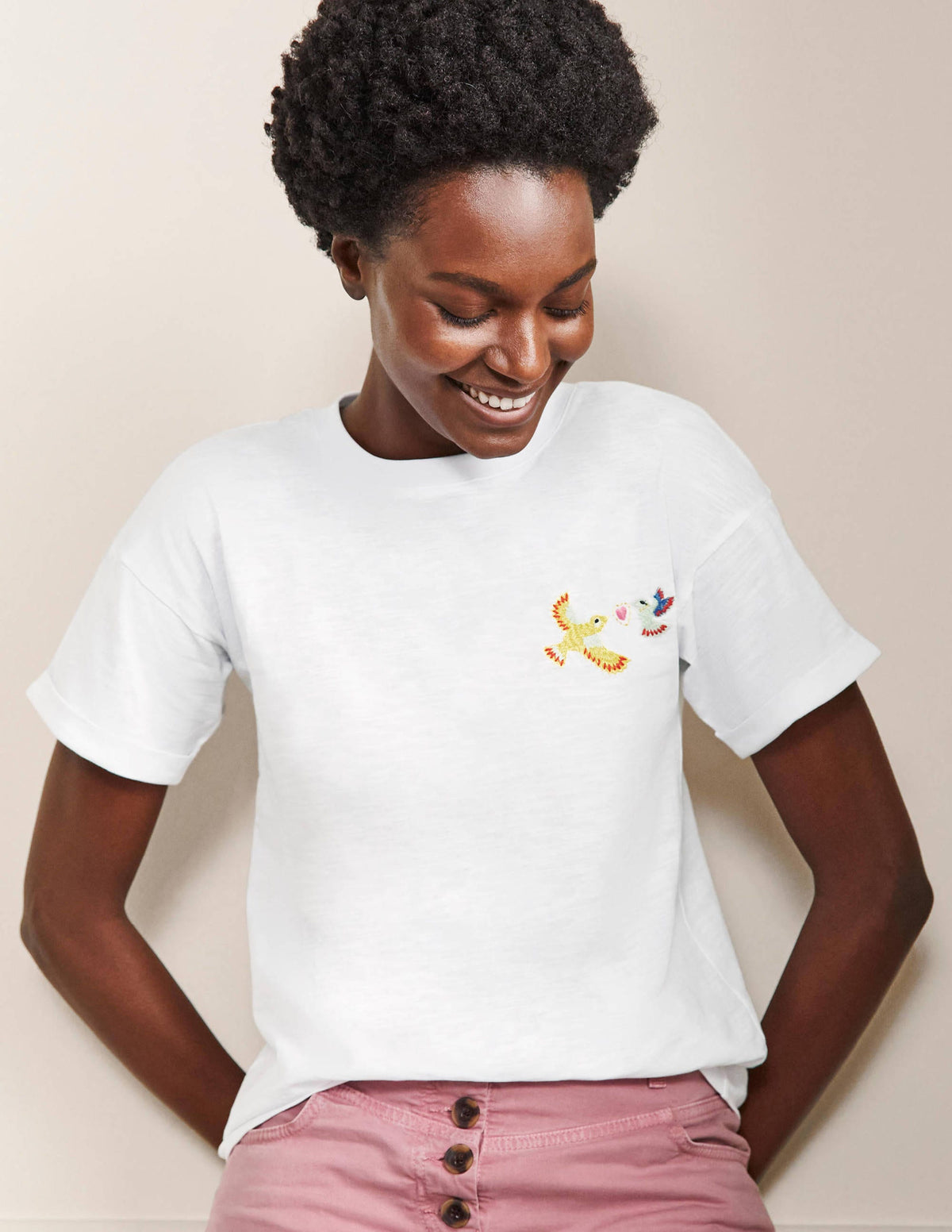 Turn Up Cuff Cotton T-shirt-Bird Embroidery - Image 1