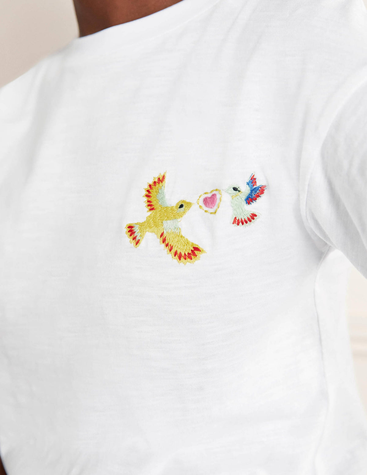 Turn Up Cuff Cotton T-shirt-Bird Embroidery - Image 2