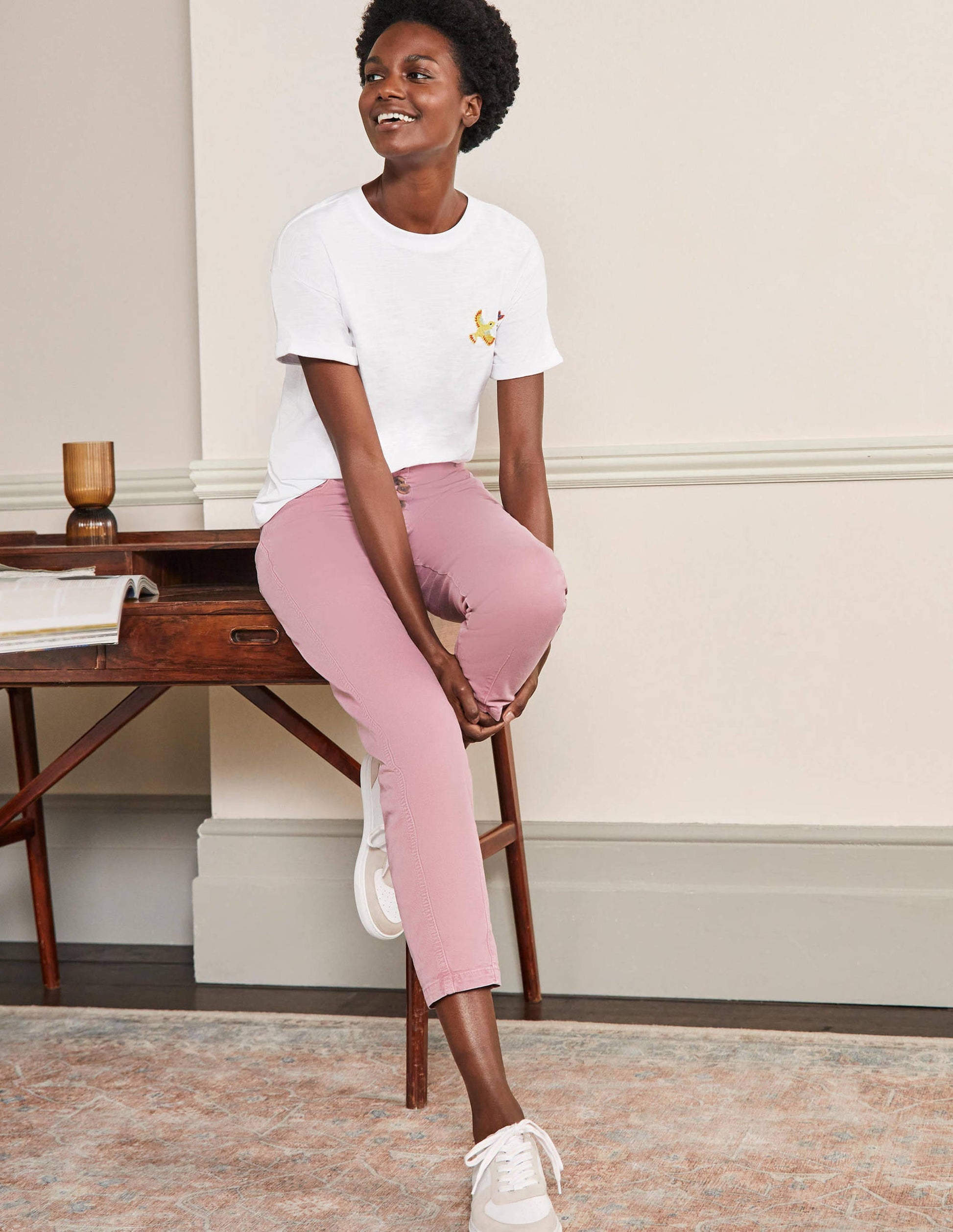 Turn Up Cuff Cotton T-shirt-Bird Embroidery-4