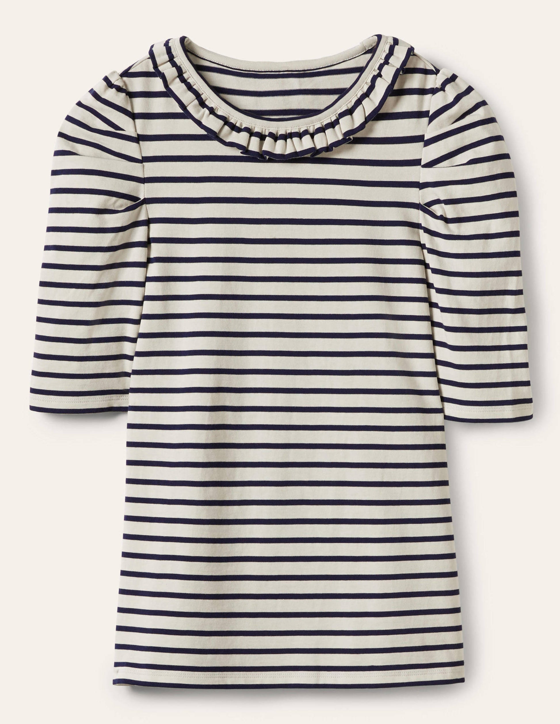 Puff Sleeve Frill Neck T-Shirt-Ivory / Navy Stripe-5