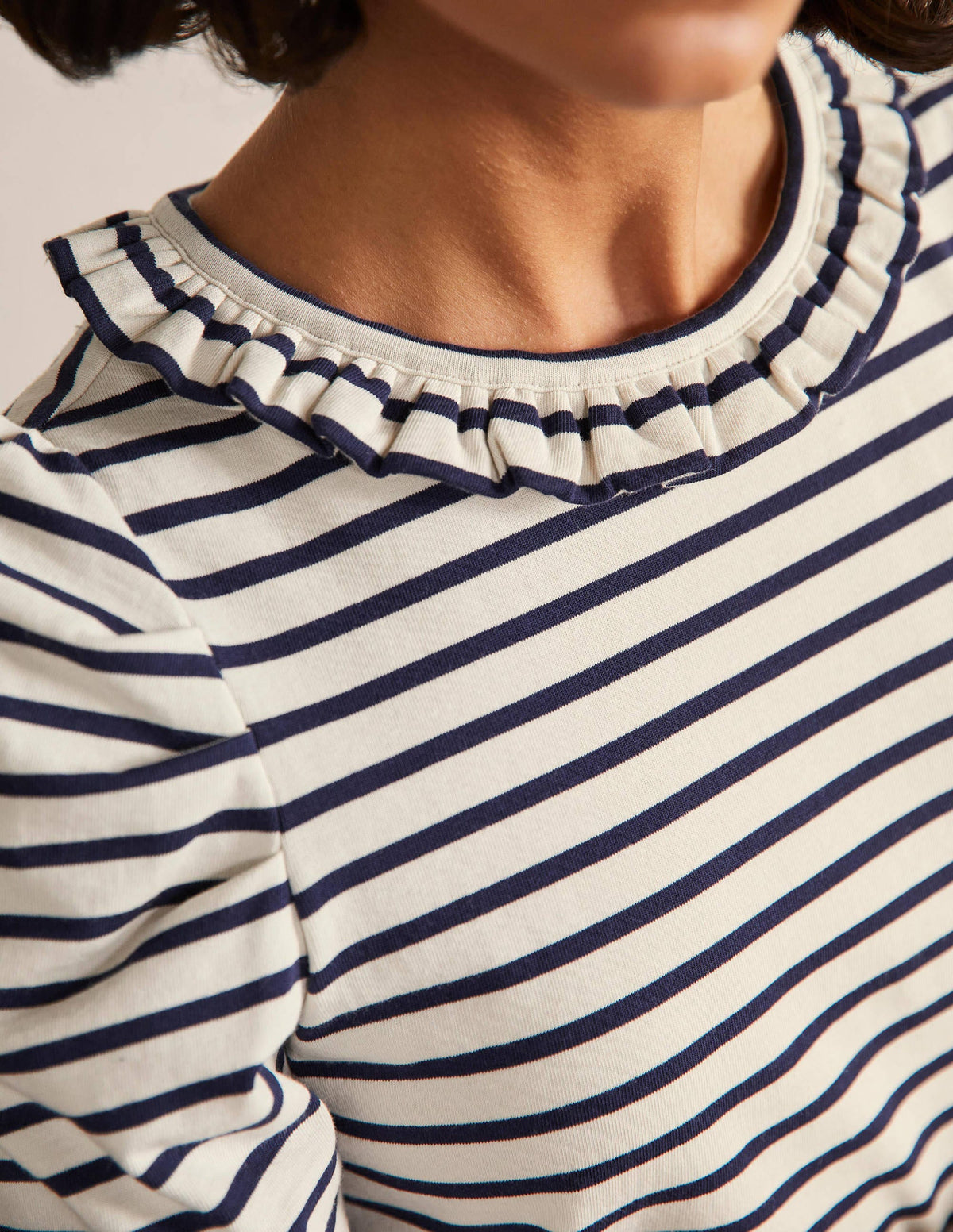 Puff Sleeve Frill Neck T-Shirt-Ivory / Navy Stripe-2